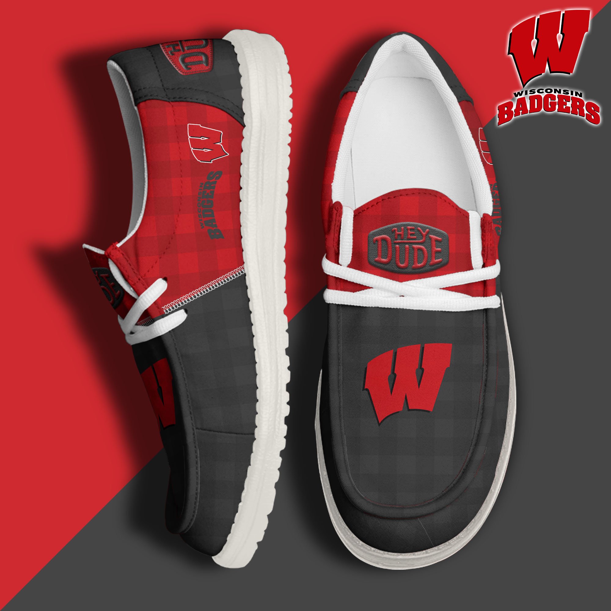 Wisconsin Badgers Football Hey Dude Canvas Loafer Shoes Custom Your Name, Sport Shoes For Fan, Fan Gifts EHIVM-61236