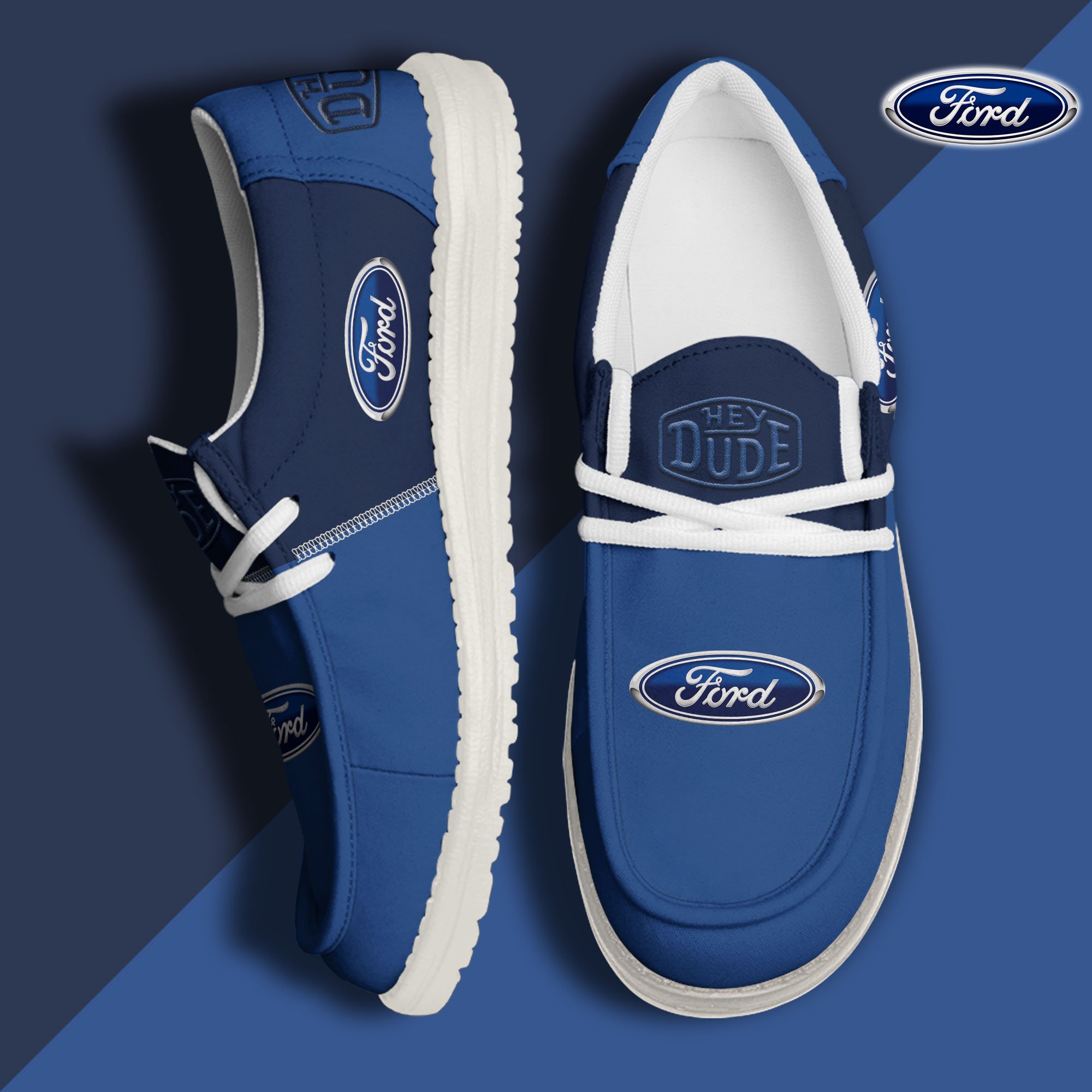 Ford White Hey Dude Canvas Loafer Shoes Custom Your Name, Shoes For Fan, Fan Gifts ETRG-60926