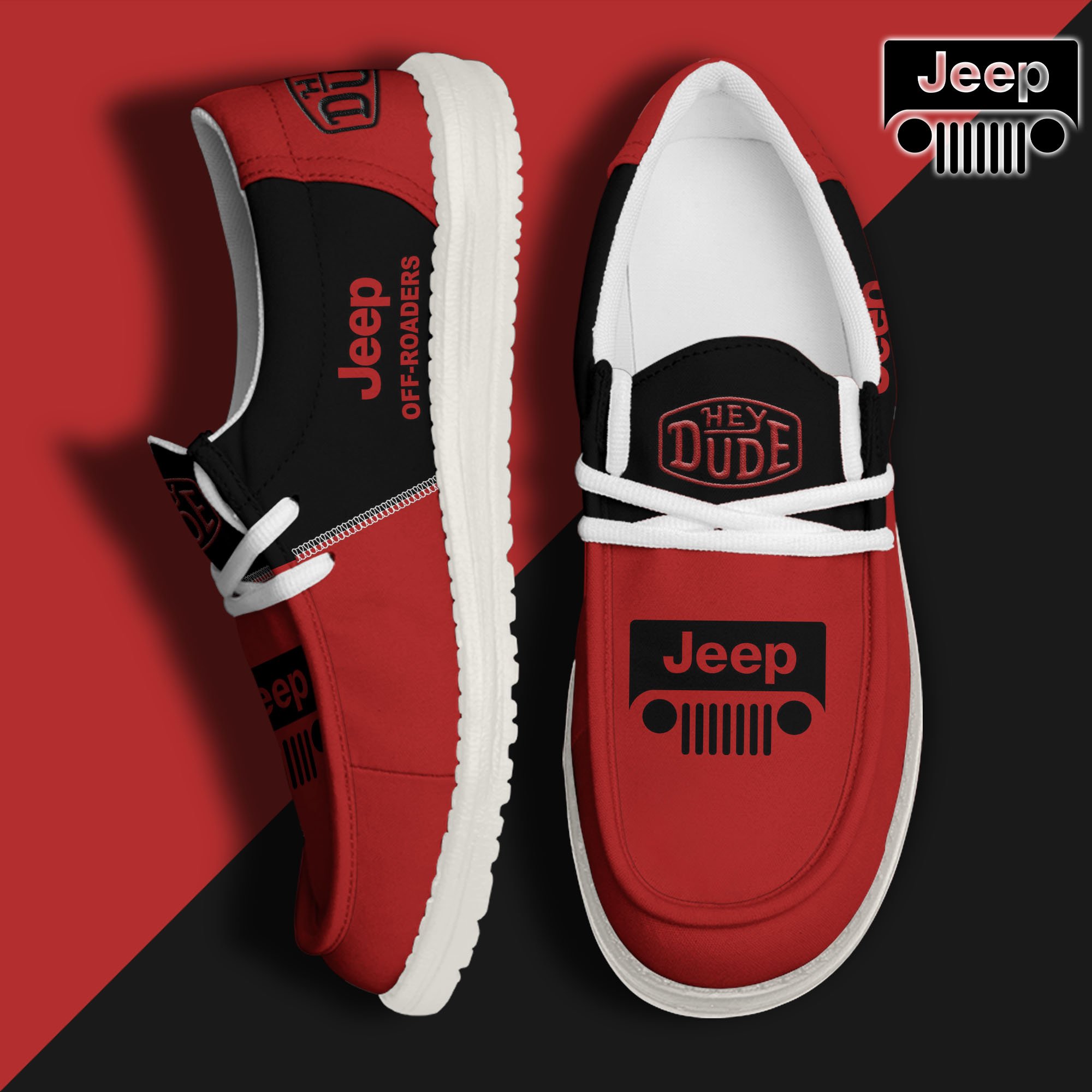 Red Jeep Hey Dude Canvas Loafer Shoes Custom Your Name, Jeep Shoes For Fan, Gifts For Him ETRG-60938