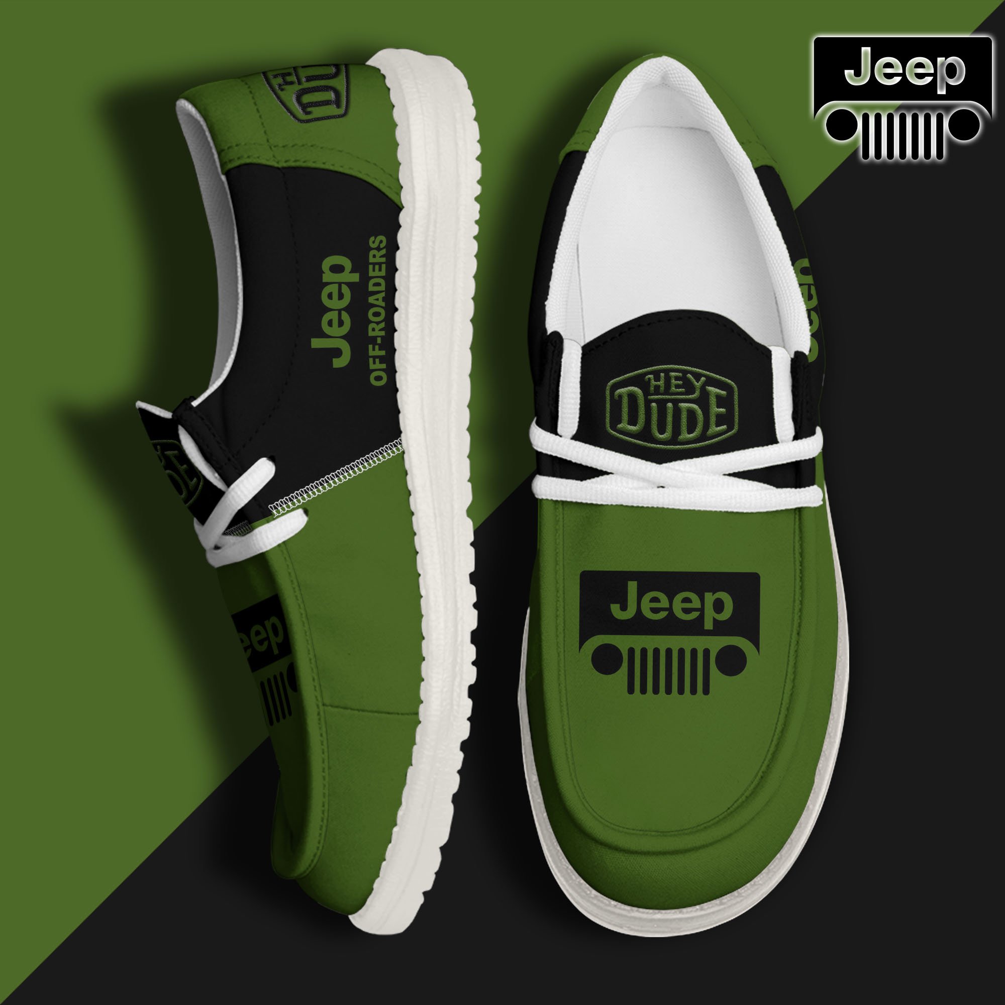 Green Jeep Hey Dude Canvas Loafer Shoes Custom Your Name, Jeep Shoes For Fan, Gifts For Him ETRG-60938