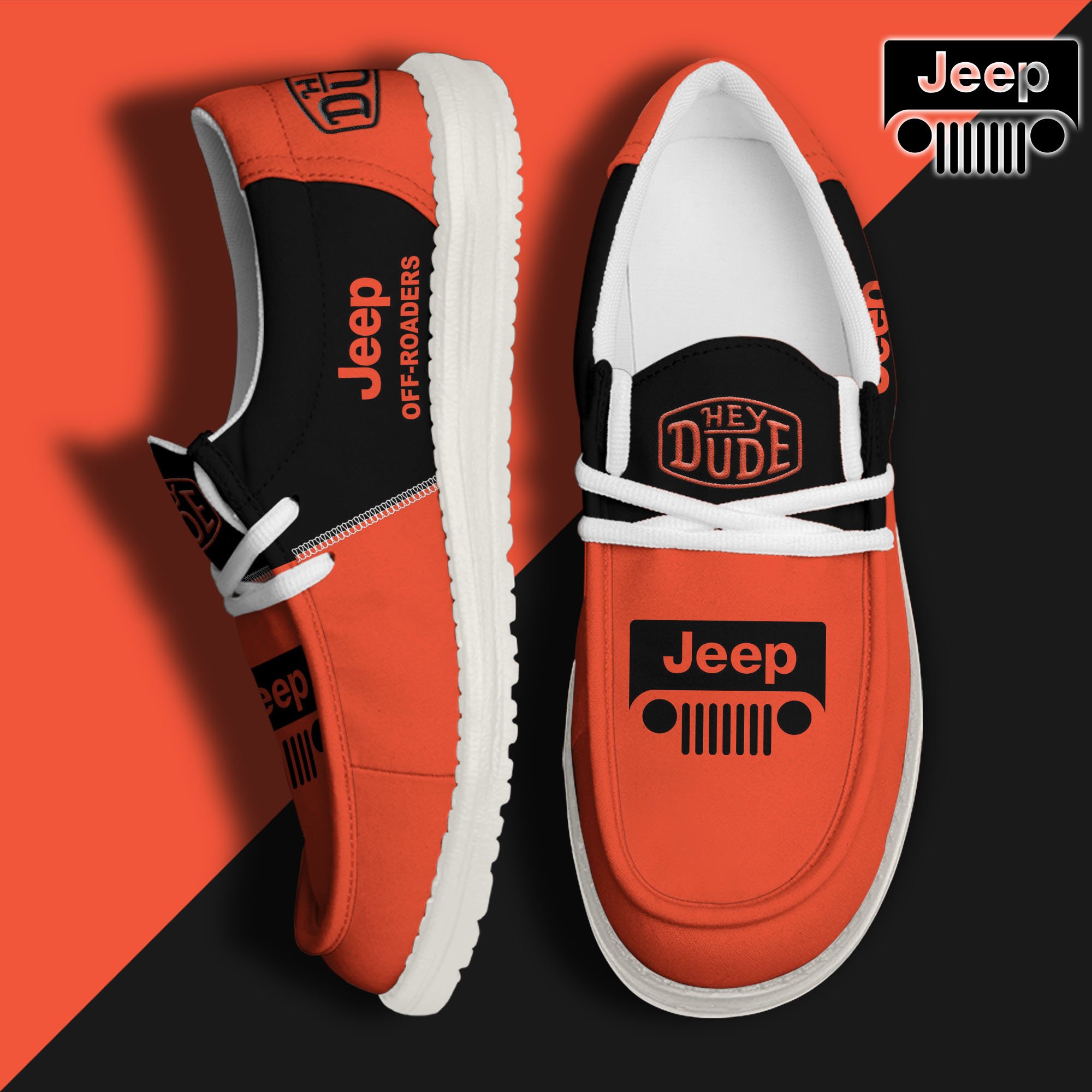 Orange Jeep Hey Dude Canvas Loafer Shoes Custom Your Name, Jeep Shoes For Fan, Gifts For Him ETRG-60938