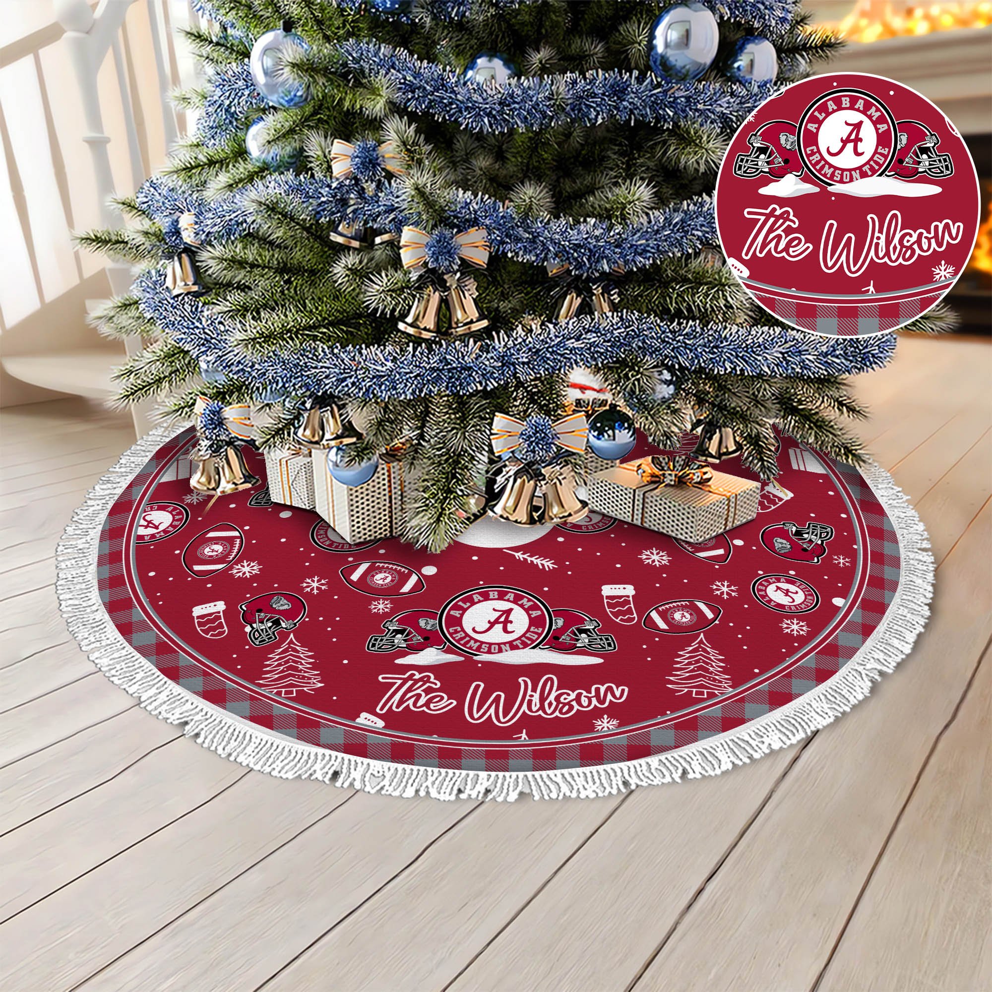 Alabama Crimson Tide Tree Skirt Bordered Custom Family Name, Christmas Tree Skirt For Sport Fans, Christmas Decorations ETHY-61471