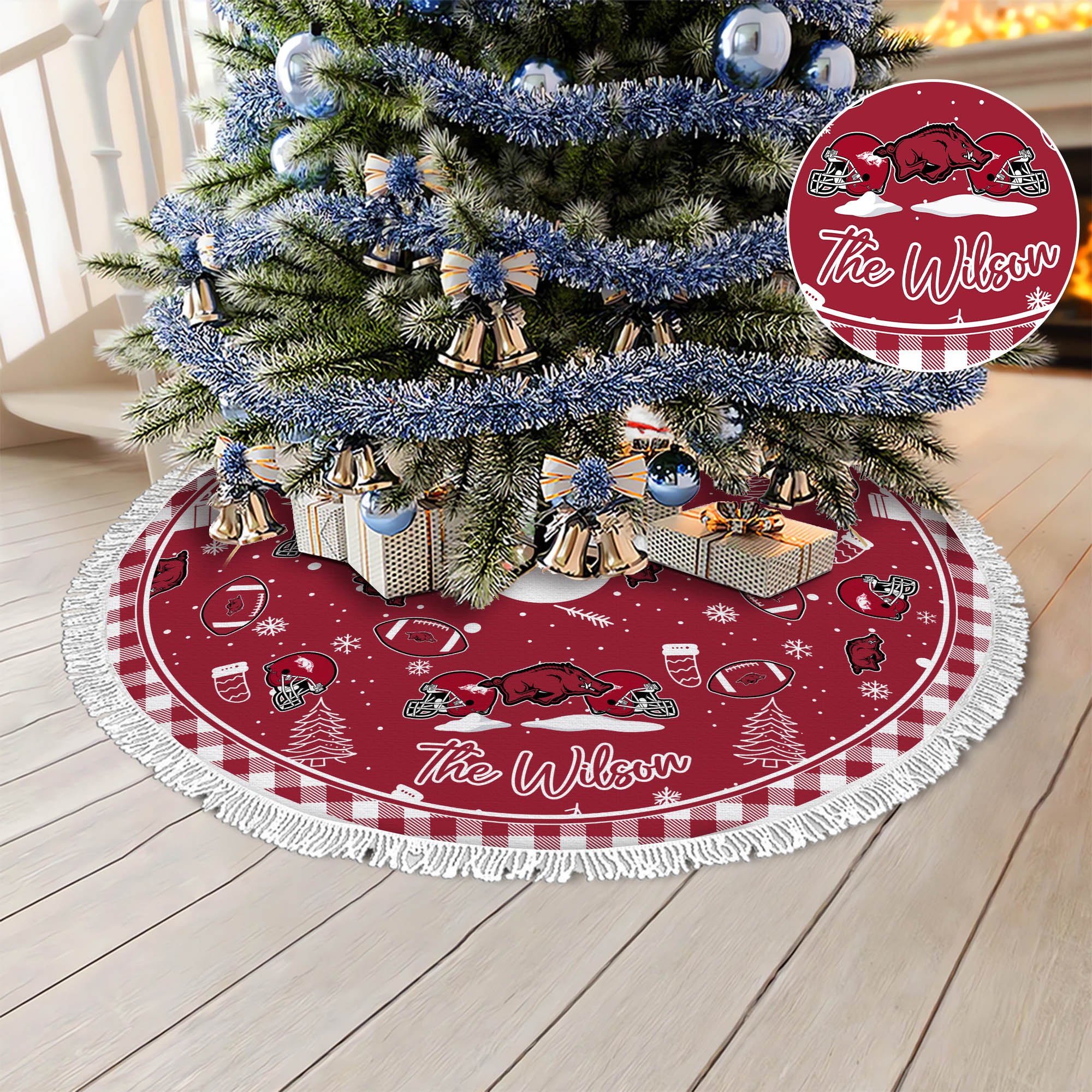 Arkansas Razorbacks Tree Skirt Bordered Custom Family Name, Christmas Tree Skirt For Sport Fans, Christmas Decorations ETHY-61471