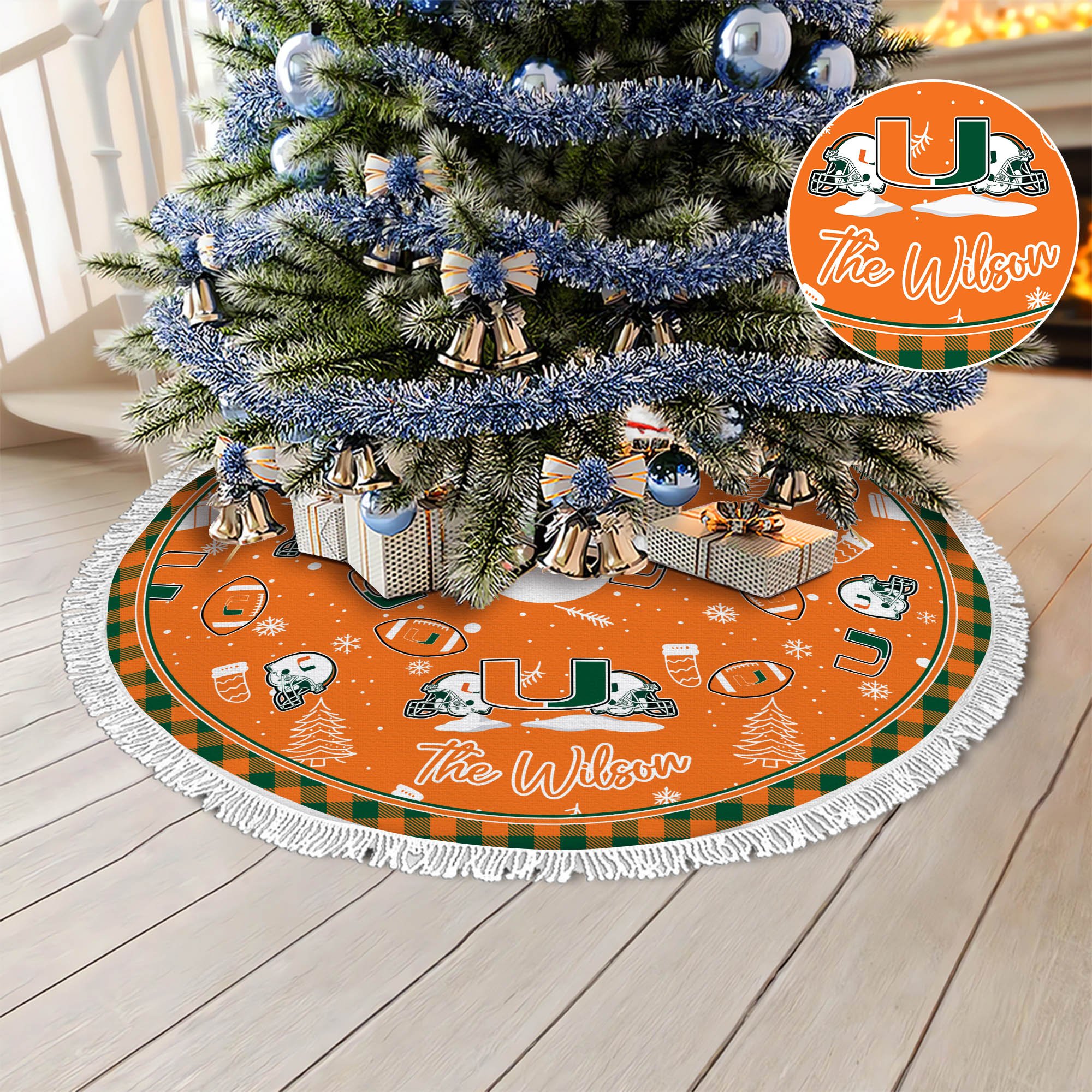 Miami Hurricanes Tree Skirt Bordered Custom Family Name, Christmas Tree Skirt For Sport Fans, Christmas Decorations ETHY-61471