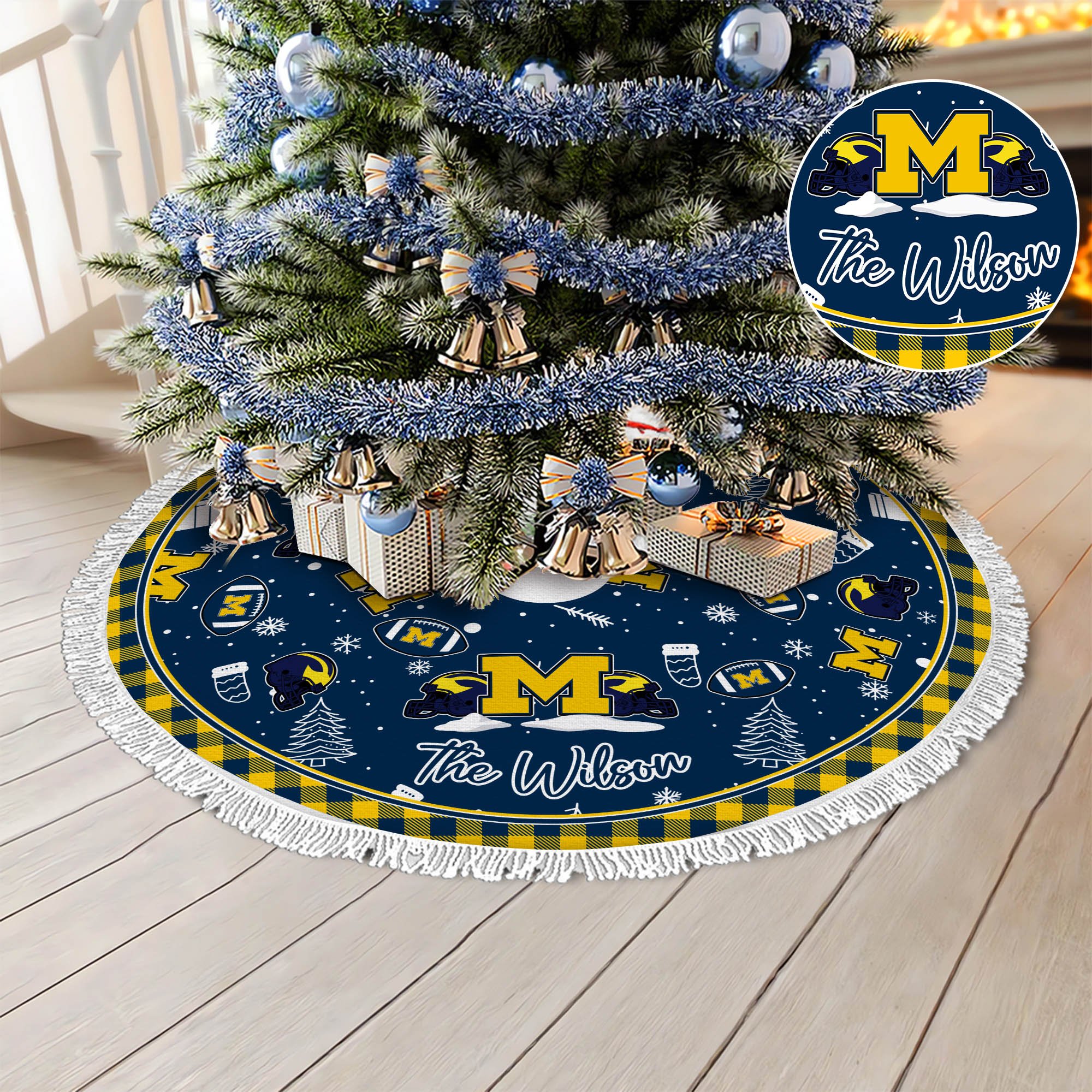 Michigan Wolverines Tree Skirt Bordered Custom Family Name, Christmas Tree Skirt For Sport Fans, Christmas Decorations ETHY-61471