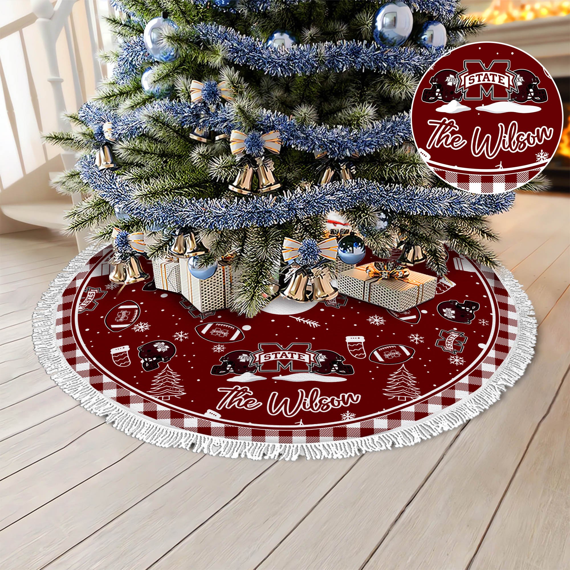 Mississippi State Bulldogs Tree Skirt Bordered Custom Family Name, Christmas Tree Skirt For Sport Fans, Christmas Decorations ETHY-61471