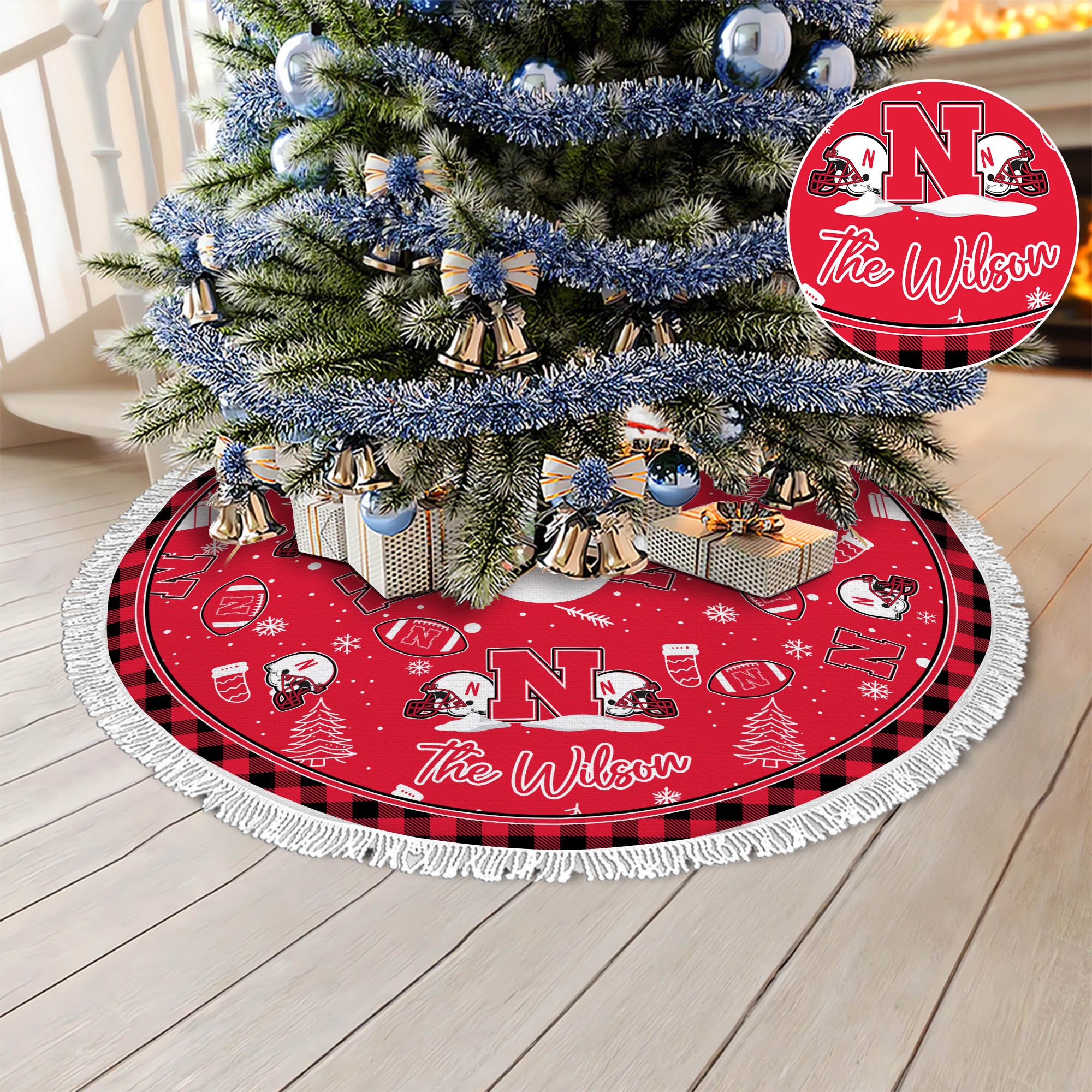 Nebraska Cornhuskers Tree Skirt Bordered Custom Family Name, Christmas Tree Skirt For Sport Fans, Christmas Decorations ETHY-61471