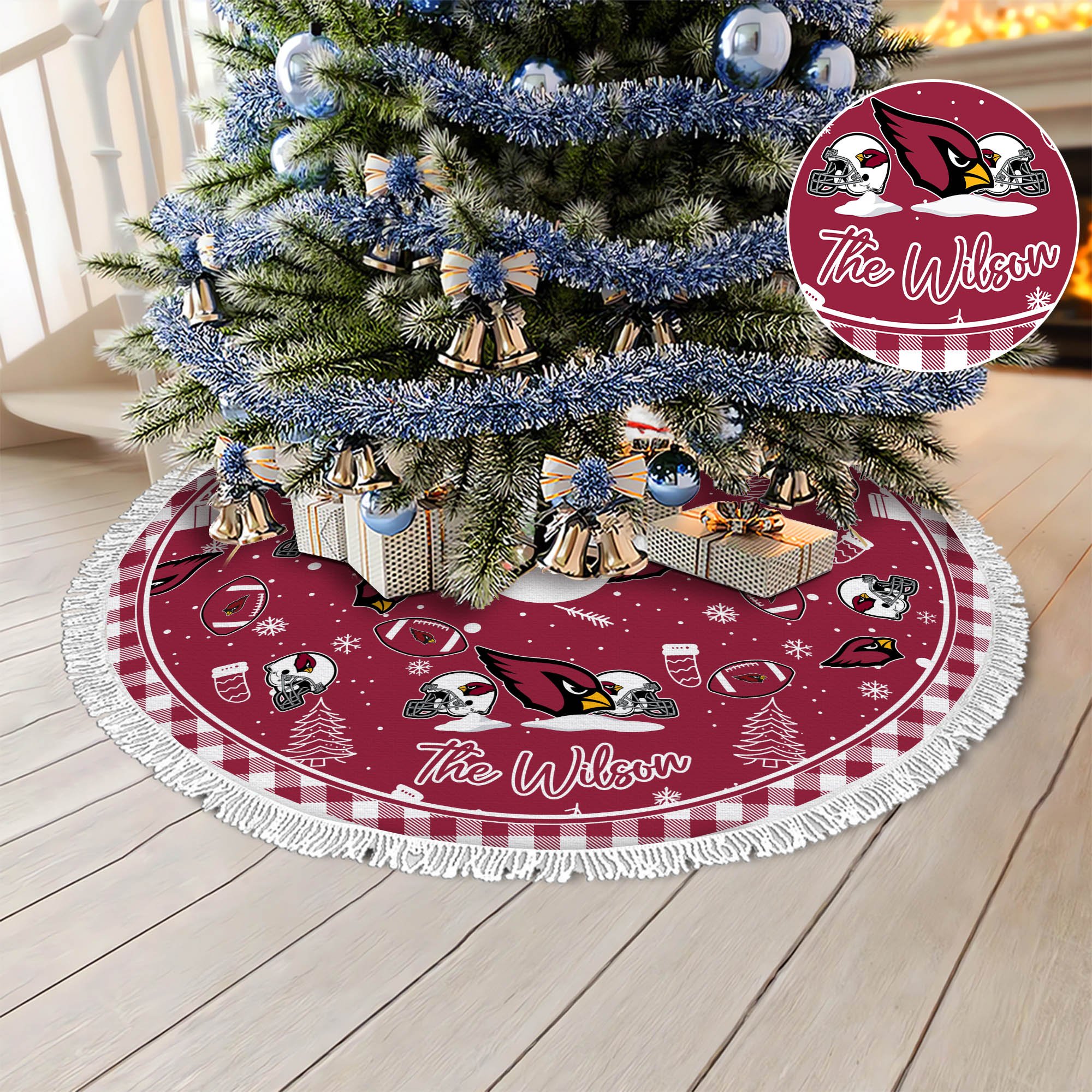 Arizona Cardinals Tree Skirt Bordered Custom Family Name, Christmas Tree Skirt For Sport Fans, Christmas Decorations ETHY-61471