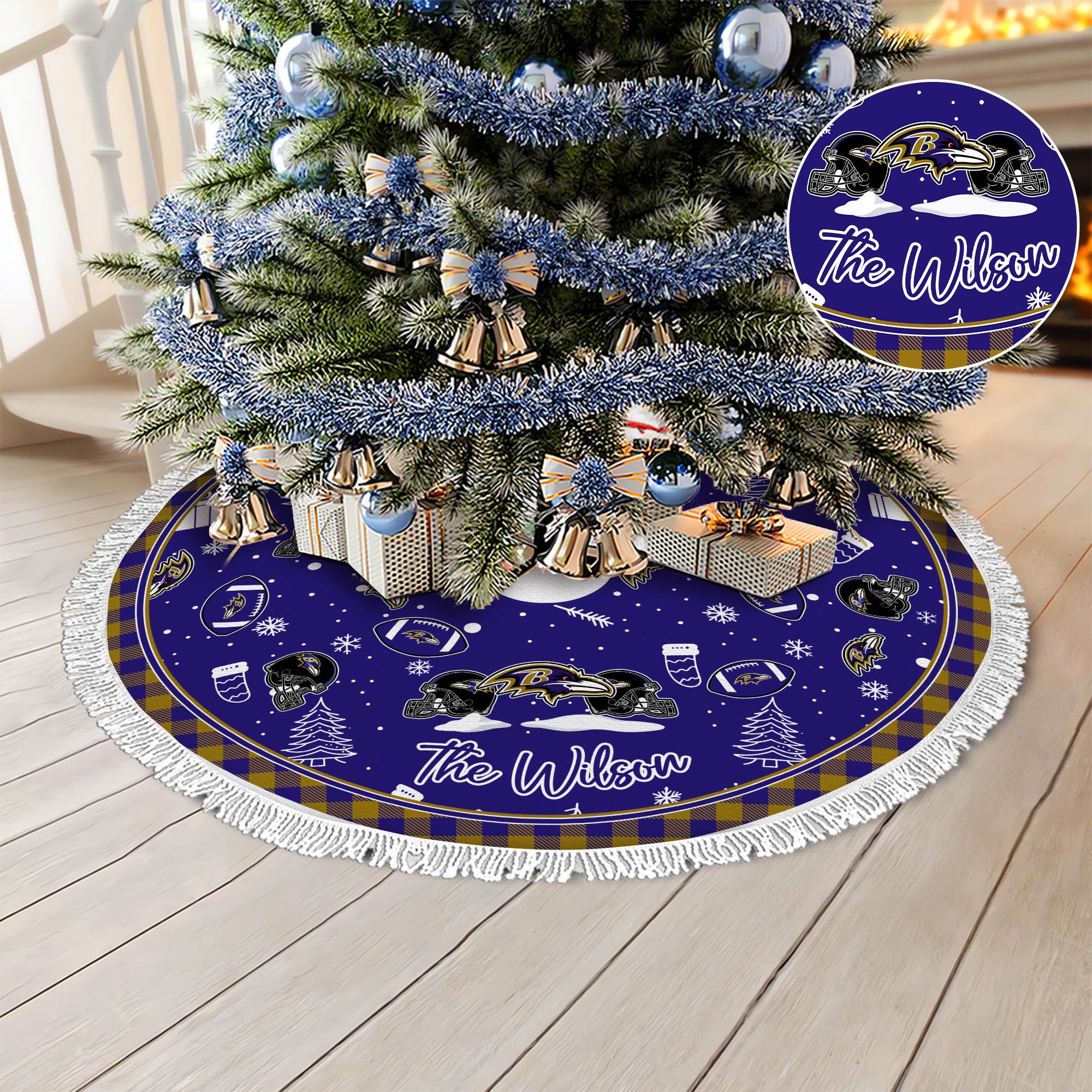 Baltimore Ravens Tree Skirt Bordered Custom Family Name, Christmas Tree Skirt For Sport Fans, Christmas Decorations ETHY-61471