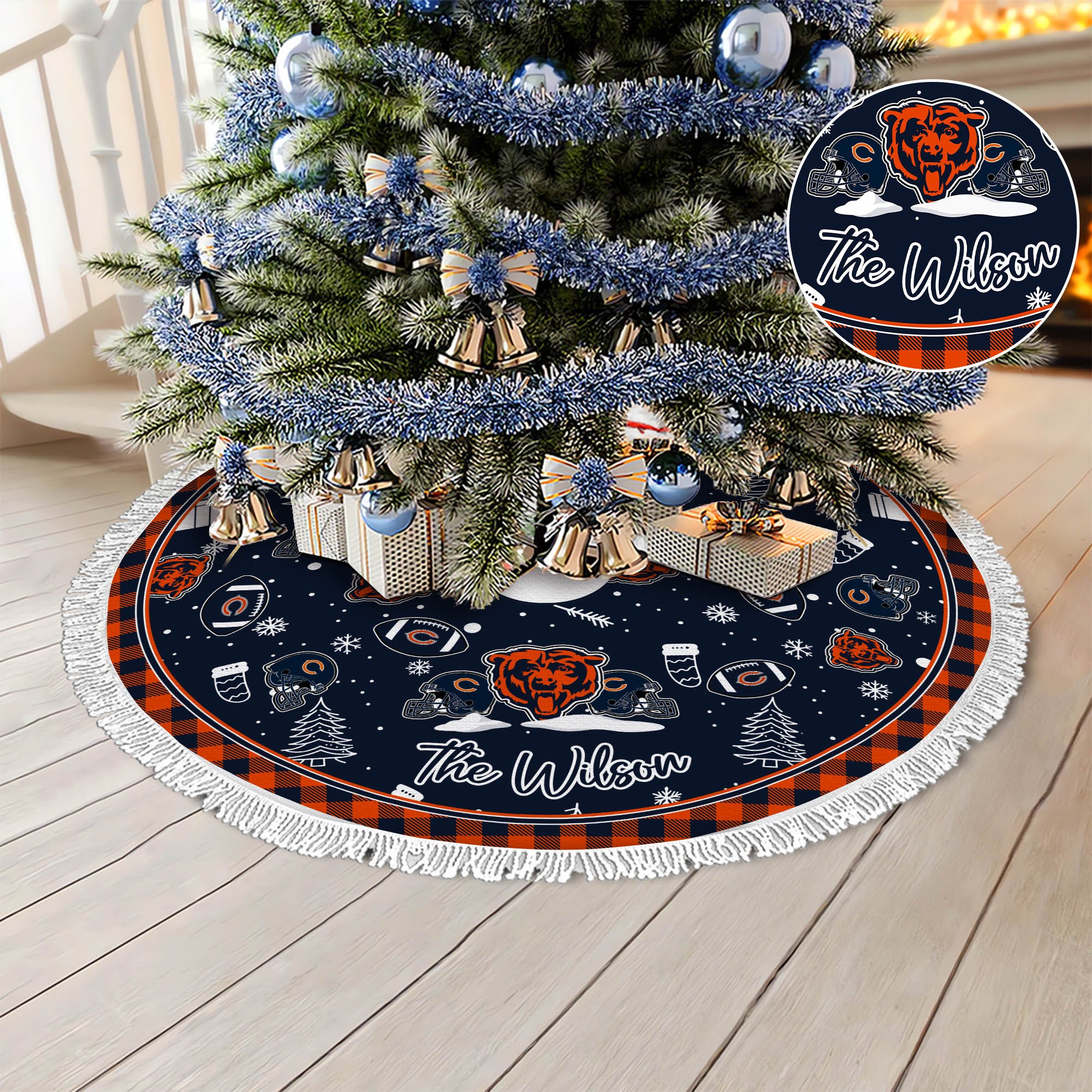 Chicago Bears Tree Skirt Bordered Custom Family Name, Christmas Tree Skirt For Sport Fans, Christmas Decorations ETHY-61471