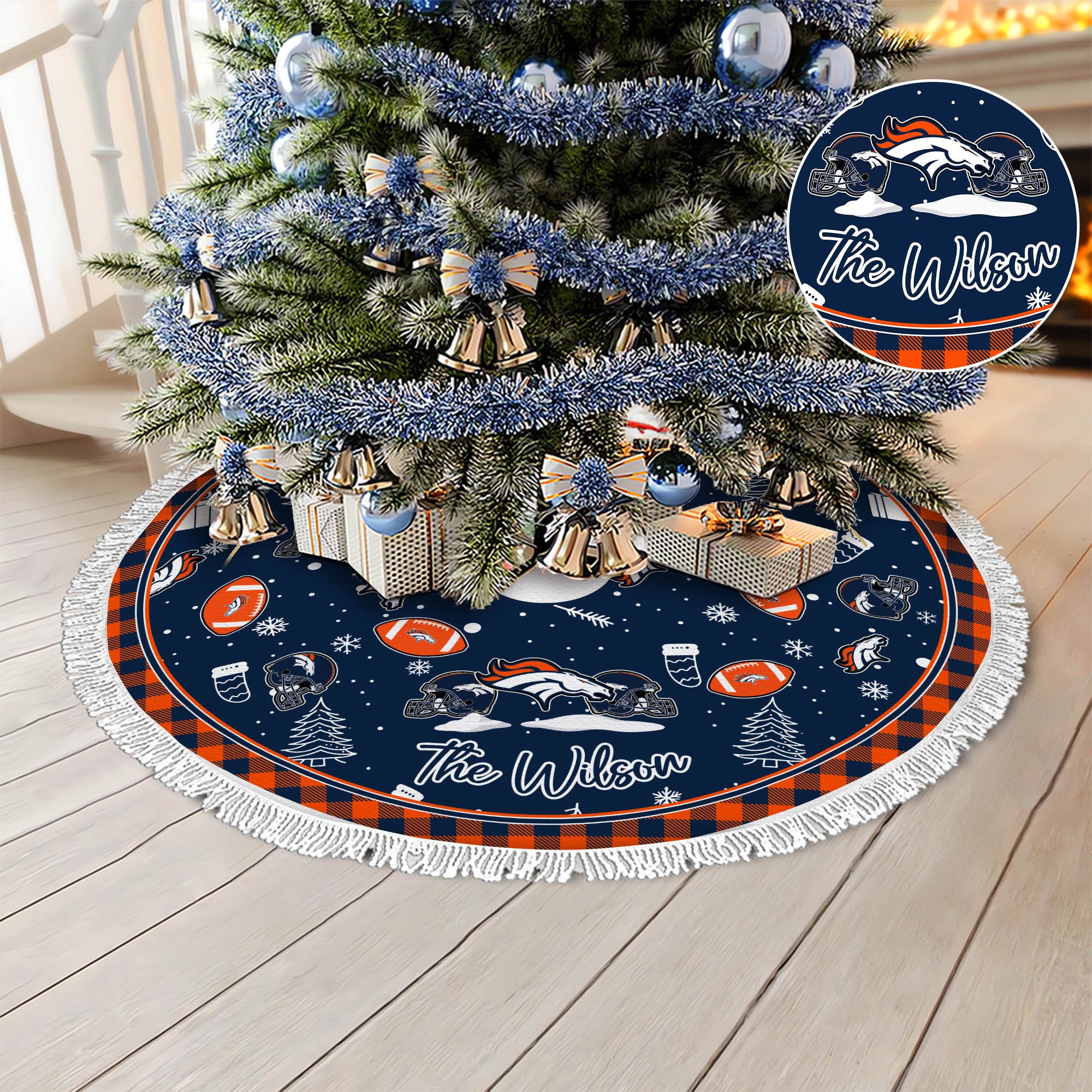 Denver Broncos Tree Skirt Bordered Custom Family Name, Christmas Tree Skirt For Sport Fans, Christmas Decorations ETHY-61471