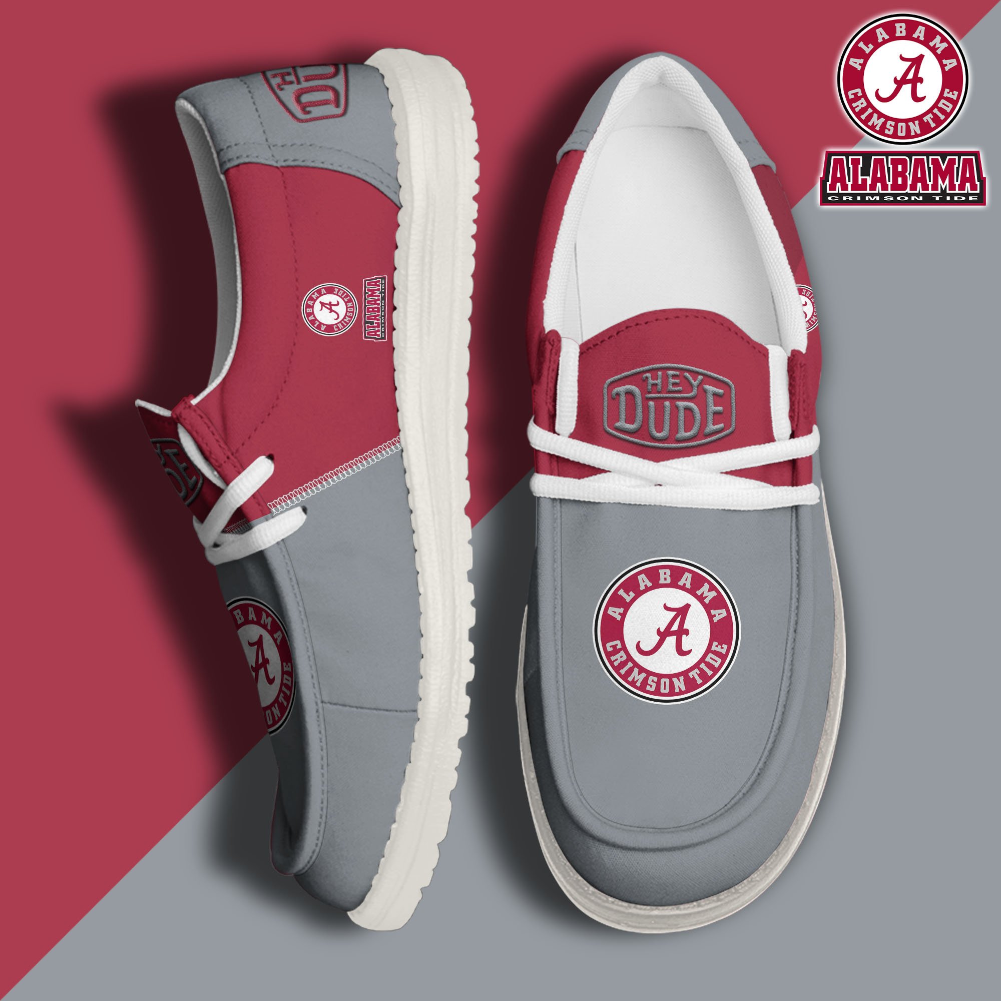 01. Alabama Crimson Tide White Hey Dude Canvas Loafer Shoes Custom Name, Shoes For Football Lovers, Sport Gifts ETRG-61620