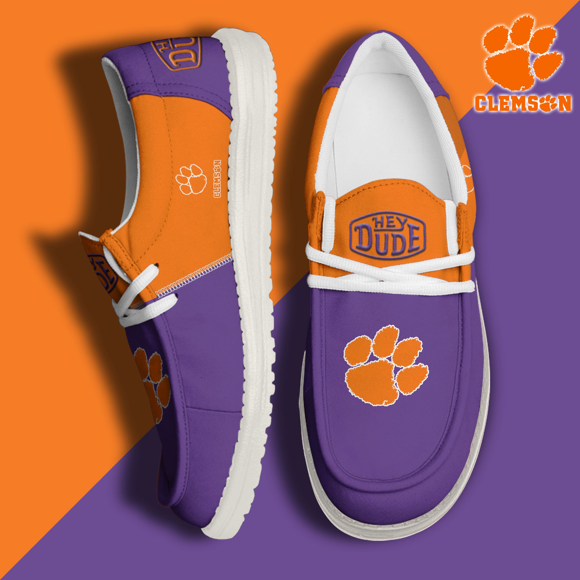 01. Clemson Tigers White Hey Dude Canvas Loafer Shoes Custom Name, Shoes For Football Lovers, Sport Gifts ETRG-61620