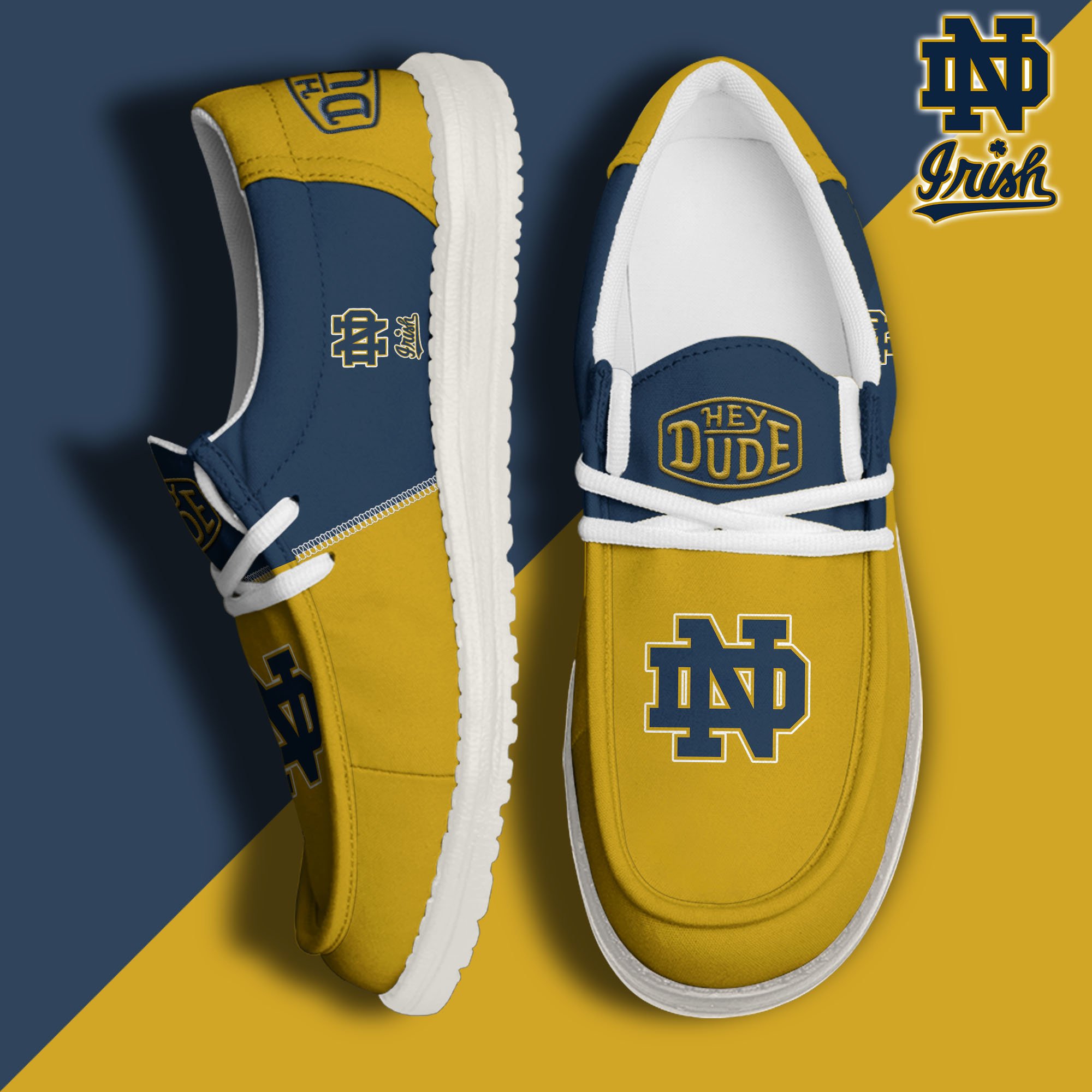 01. Notre Dame Fighting Irish White Hey Dude Canvas Loafer Shoes Custom Name, Shoes For Football Lovers, Sport Gifts ETRG-61620