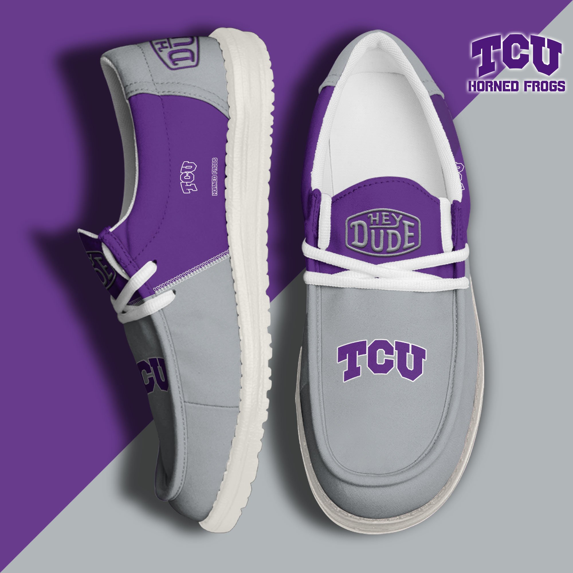 TCU Horned Frogs White Hey Dude Canvas Loafer Shoes Custom Name, Shoes For Football Lovers, Sport Gifts ETRG-61620