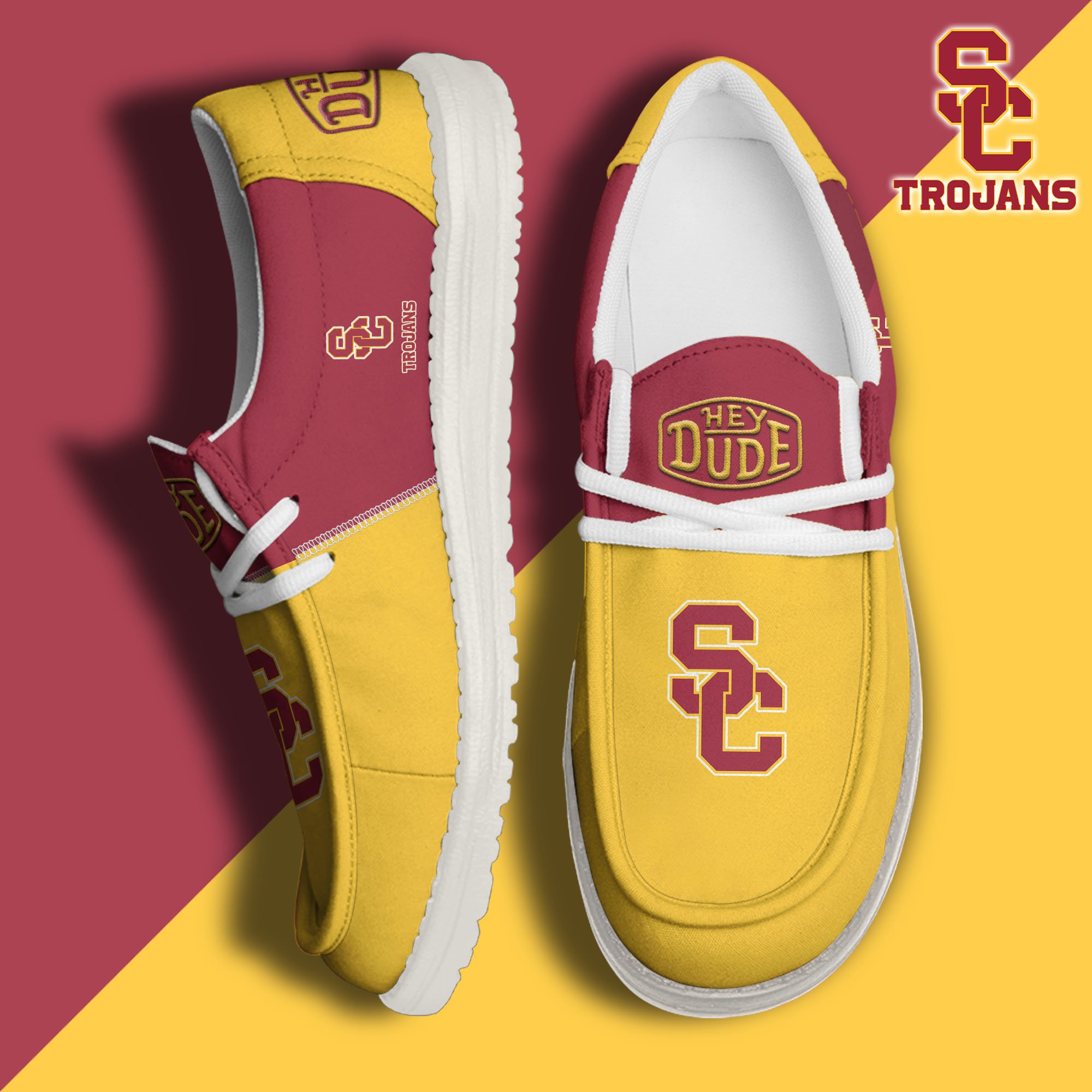 USC Trojans White Hey Dude Canvas Loafer Shoes Custom Name, Shoes For Football Lovers, Sport Gifts ETRG-61620