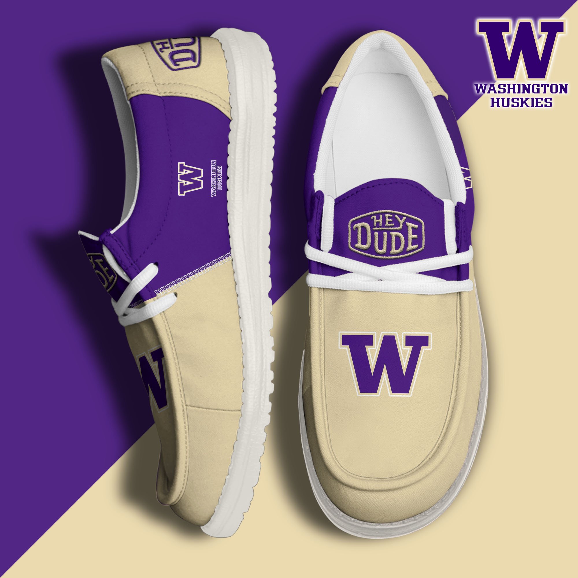 Washington Huskies White Hey Dude Canvas Loafer Shoes Custom Name, Shoes For Football Lovers, Sport Gifts ETRG-61620