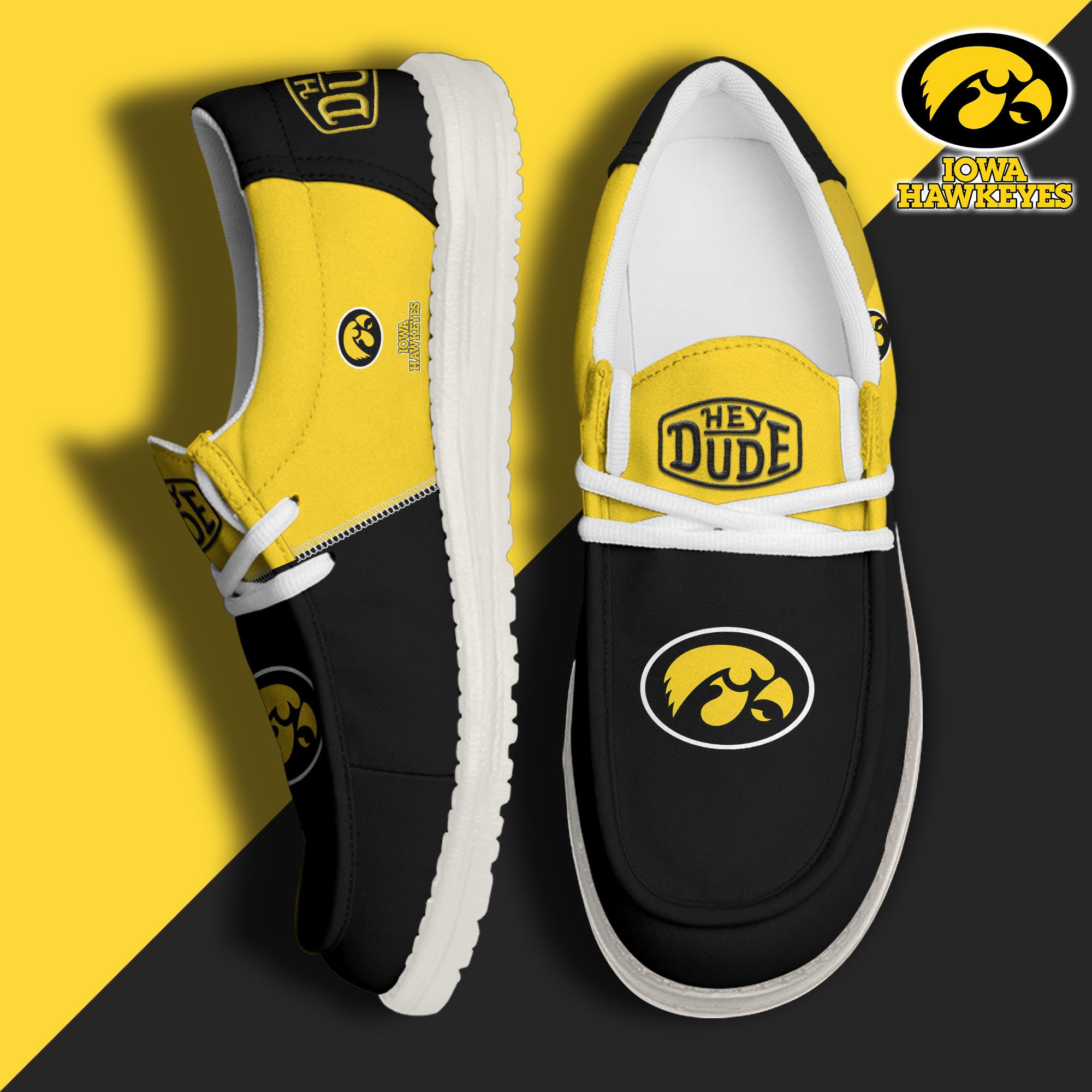 Iowa Hawkeyes White Hey Dude Canvas Loafer Shoes Custom Name, Shoes For Football Lovers, Sport Gifts ETRG-61620