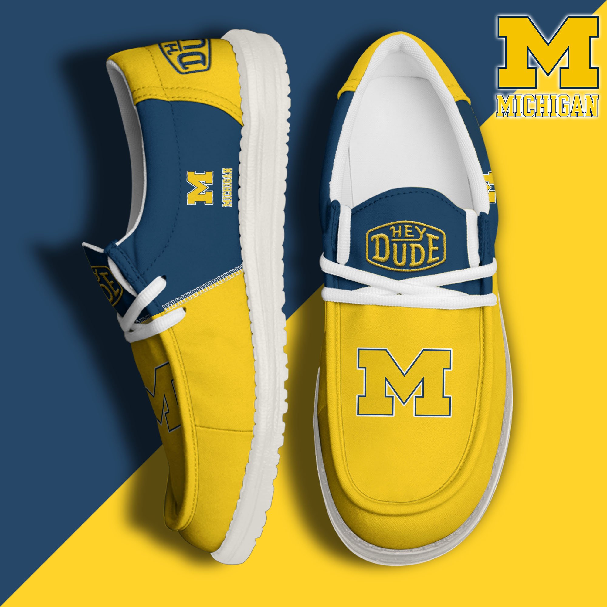 01. Michigan Wolverines White Hey Dude Canvas Loafer Shoes Custom Name, Shoes For Football Lovers, Sport Gifts ETRG-61620