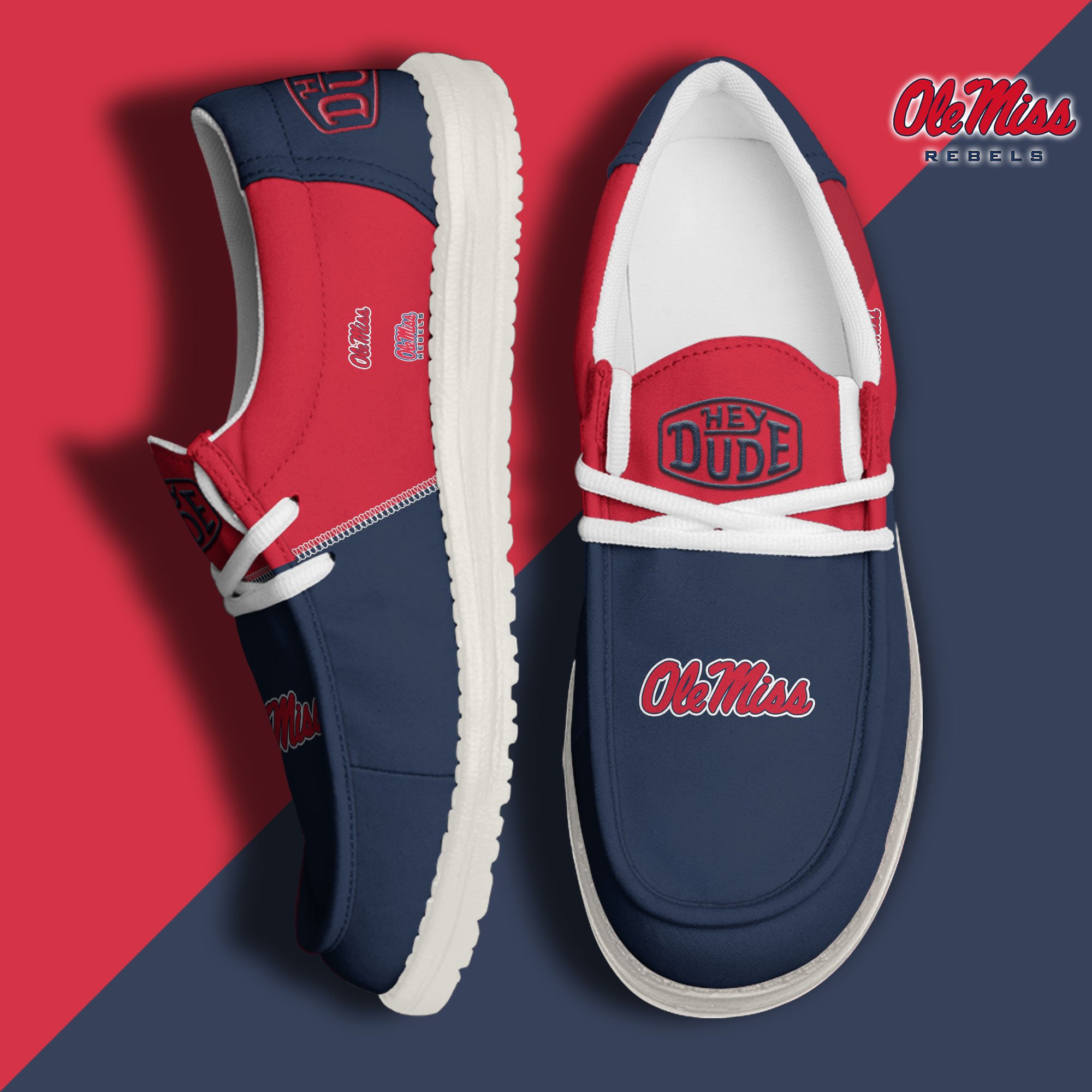 01. Ole Miss Rebels White Hey Dude Canvas Loafer Shoes Custom Name, Shoes For Football Lovers, Sport Gifts ETRG-61620