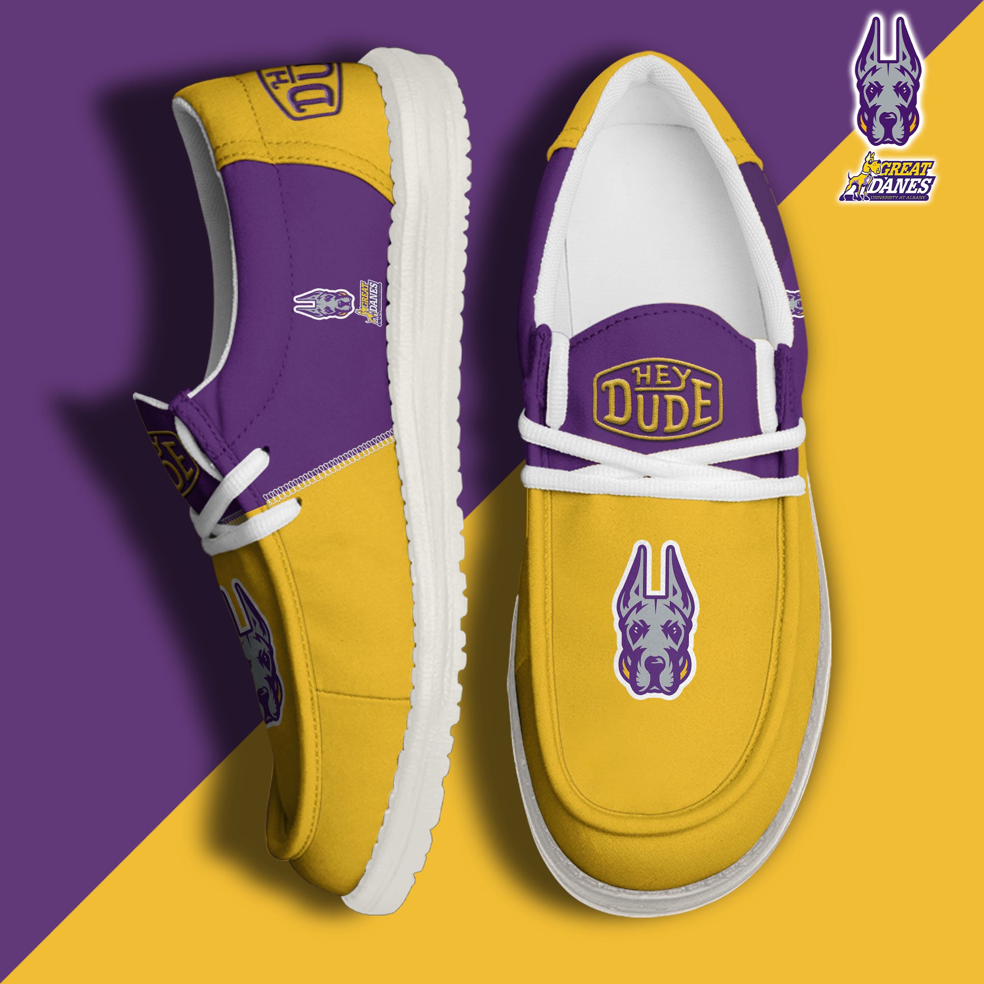 Albany Great Danes White Hey Dude Canvas Loafer Shoes Custom Name, Shoes For Football Lovers, Sport Gifts ETRG-61620