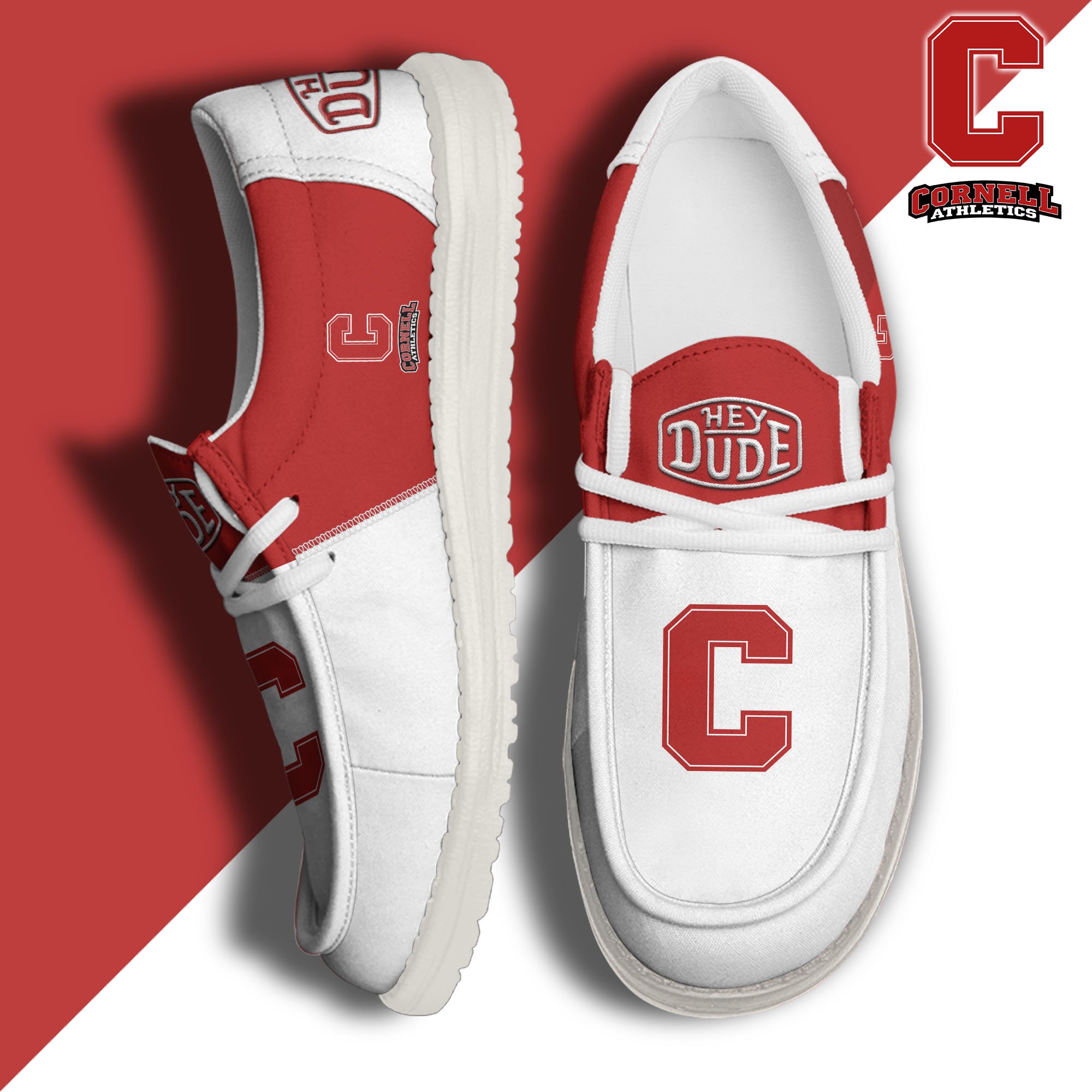 Cornell Big Red White Hey Dude Canvas Loafer Shoes Custom Name, Shoes For Football Lovers, Sport Gifts ETRG-61620