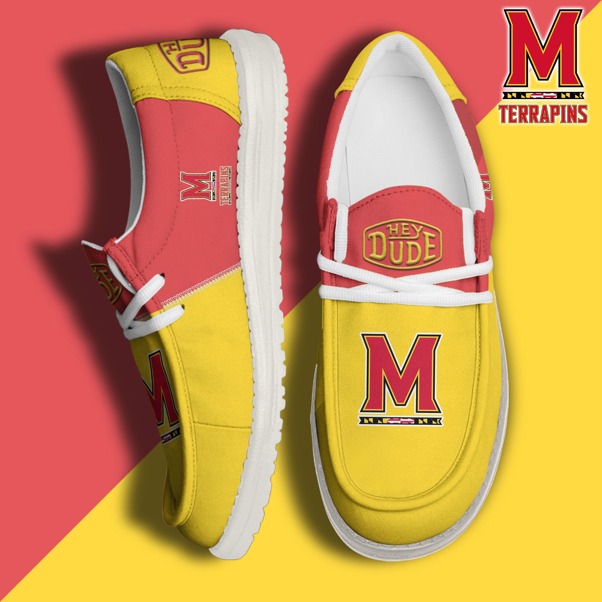 Maryland Terrapins White Hey Dude Canvas Loafer Shoes Custom Name, Shoes For Football Lovers, Sport Gifts ETRG-61620