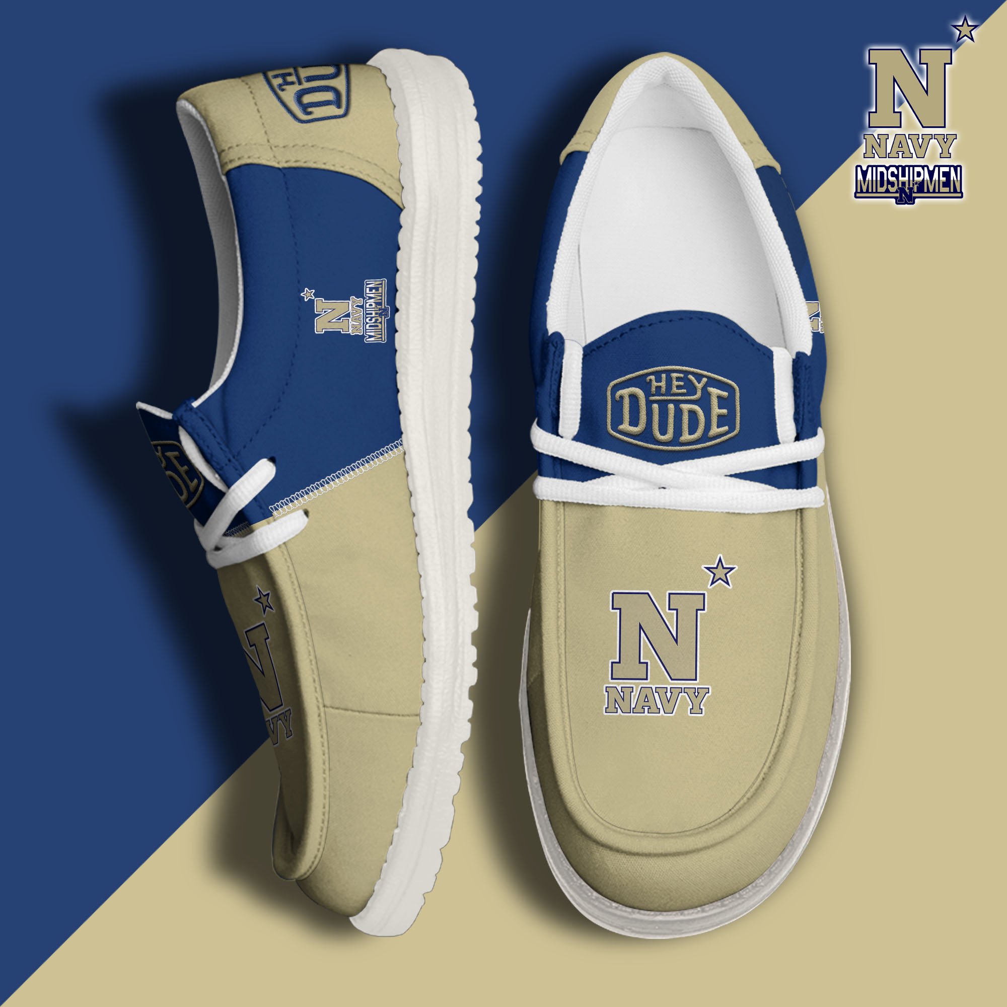 Navy Midshipmen White Hey Dude Canvas Loafer Shoes Custom Name, Shoes For Football Lovers, Sport Gifts ETRG-61620