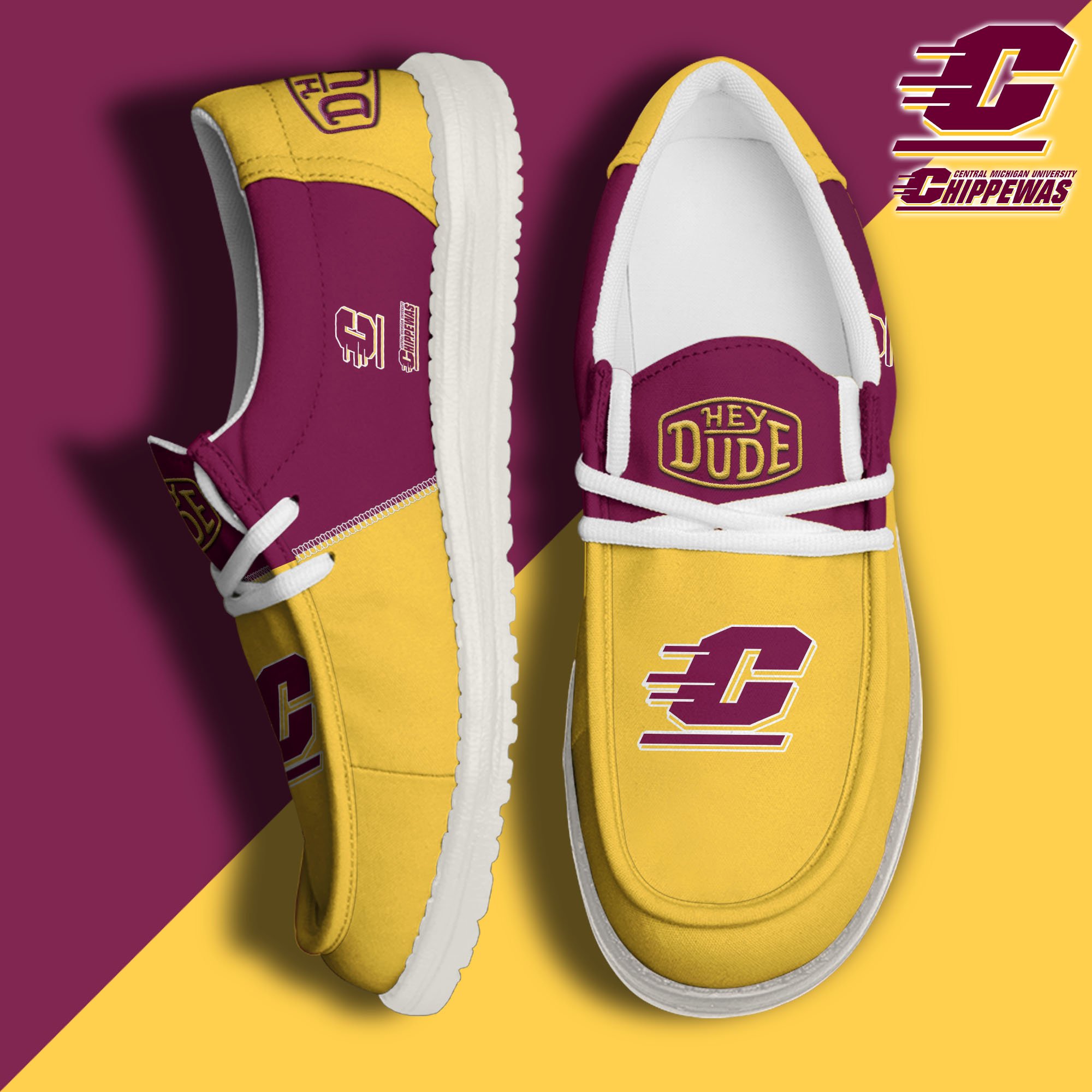 Central Michigan Chippewas White Hey Dude Canvas Loafer Shoes Custom Name, Shoes For Football Lovers, Sport Gifts ETRG-61620