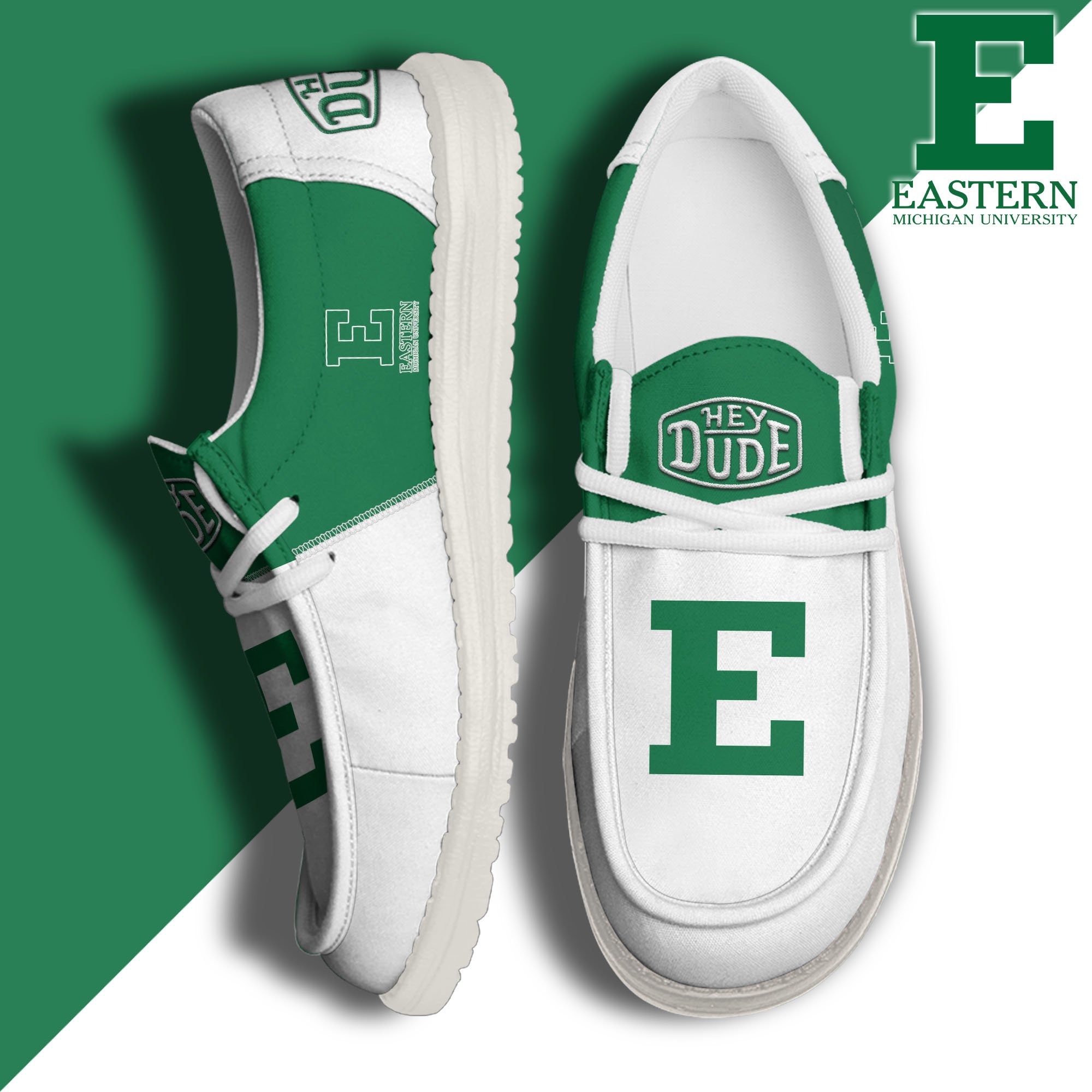 Eastern Michigan Eagles White Hey Dude Canvas Loafer Shoes Custom Name, Shoes For Football Lovers, Sport Gifts ETRG-61620