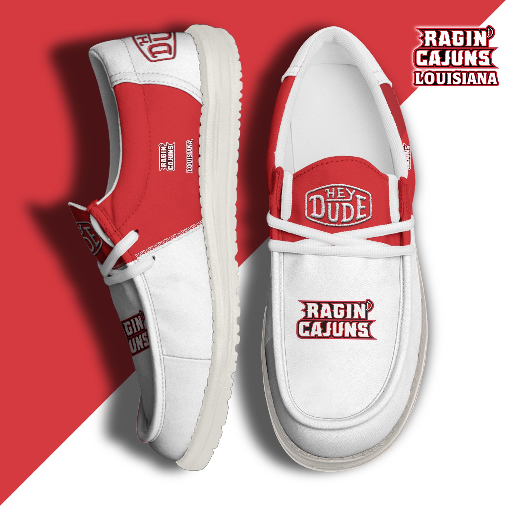 Louisiana Ragin Cajuns White Hey Dude Canvas Loafer Shoes Custom Name, Shoes For Football Lovers, Sport Gifts ETRG-61620