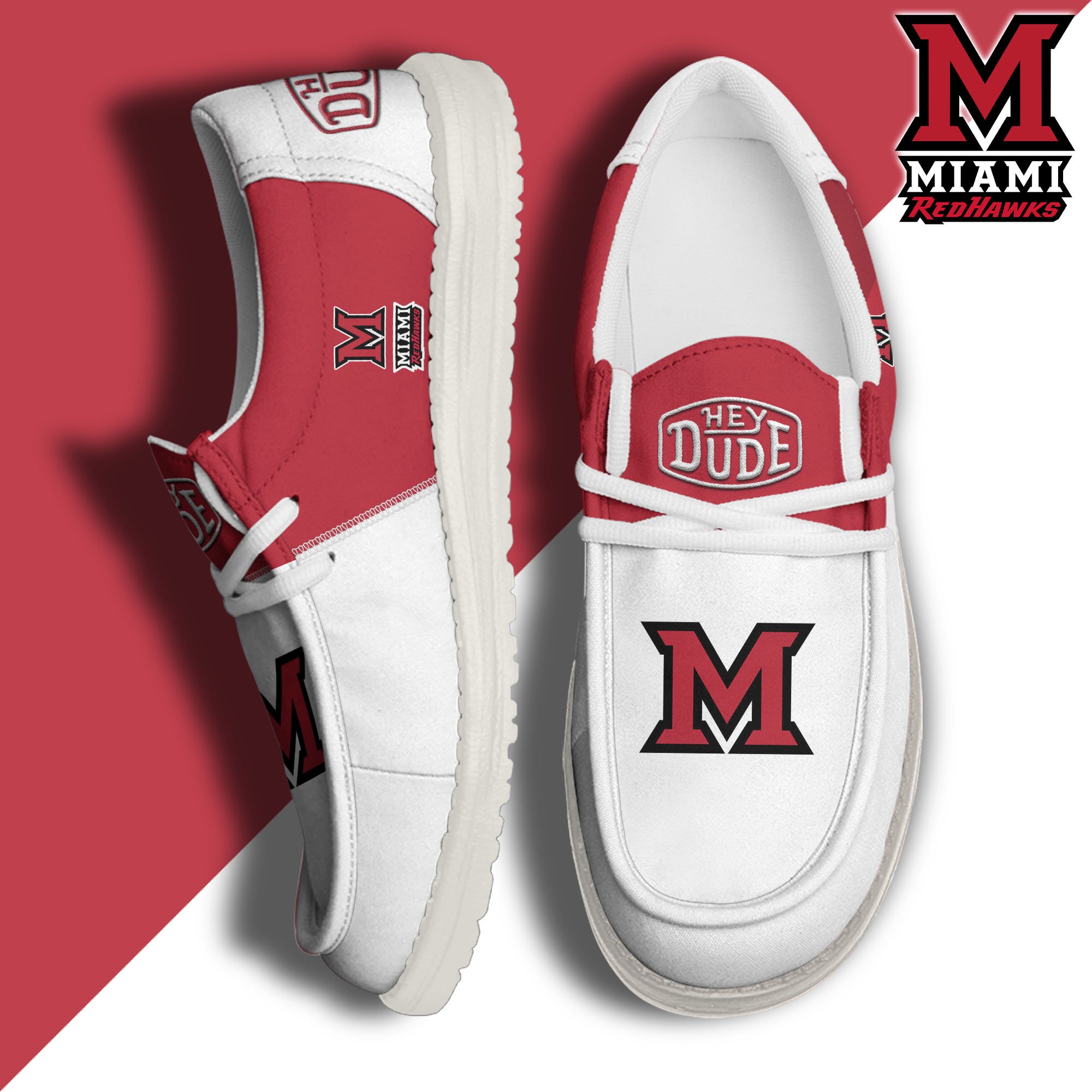 Miami RedHawks White Hey Dude Canvas Loafer Shoes Custom Name, Shoes For Football Lovers, Sport Gifts ETRG-61620