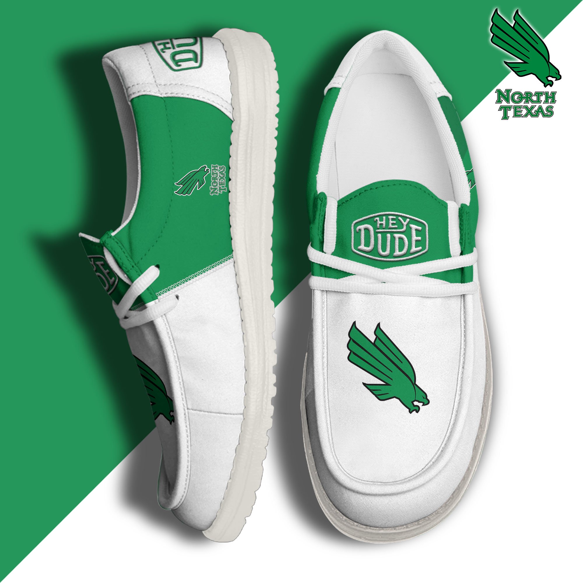 North Texas Mean Green White Hey Dude Canvas Loafer Shoes Custom Name, Shoes For Football Lovers, Sport Gifts ETRG-61620