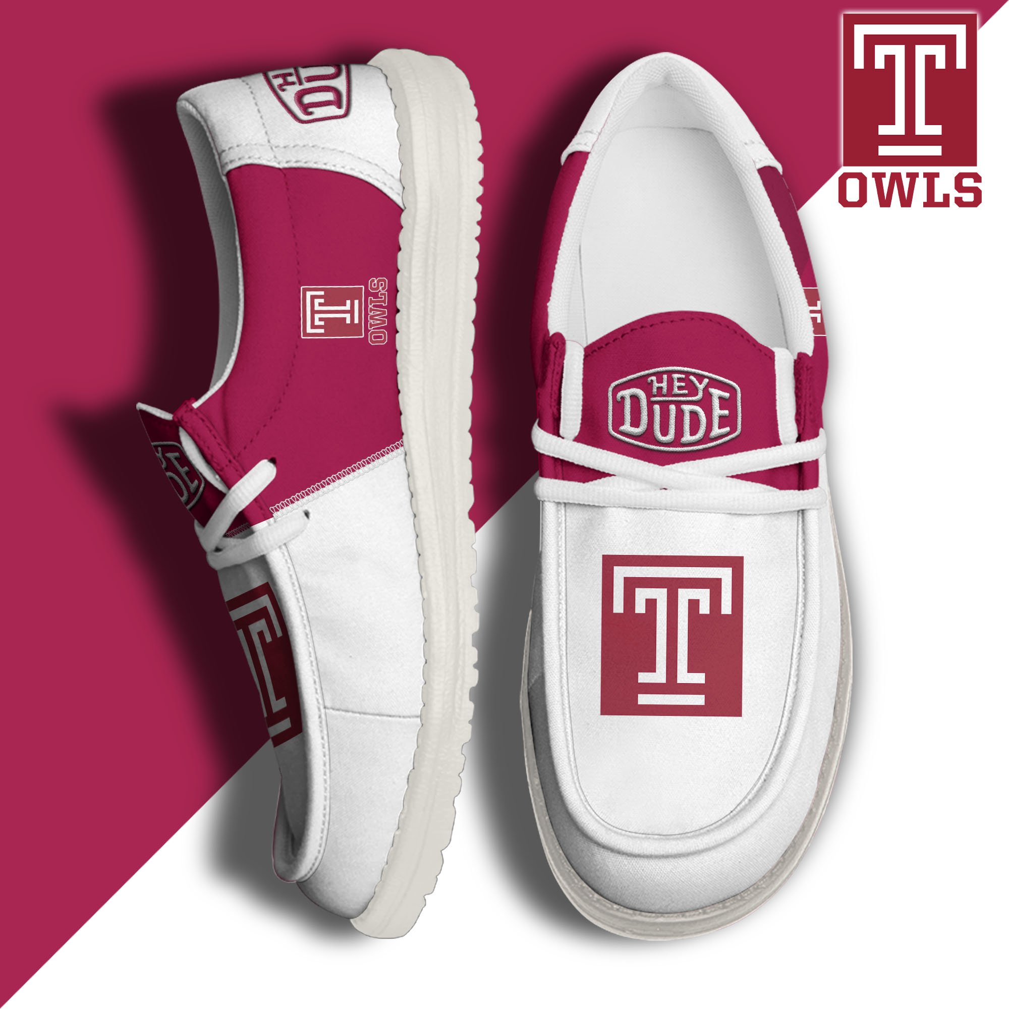 Temple Owls White Hey Dude Canvas Loafer Shoes Custom Name, Shoes For Football Lovers, Sport Gifts ETRG-61620