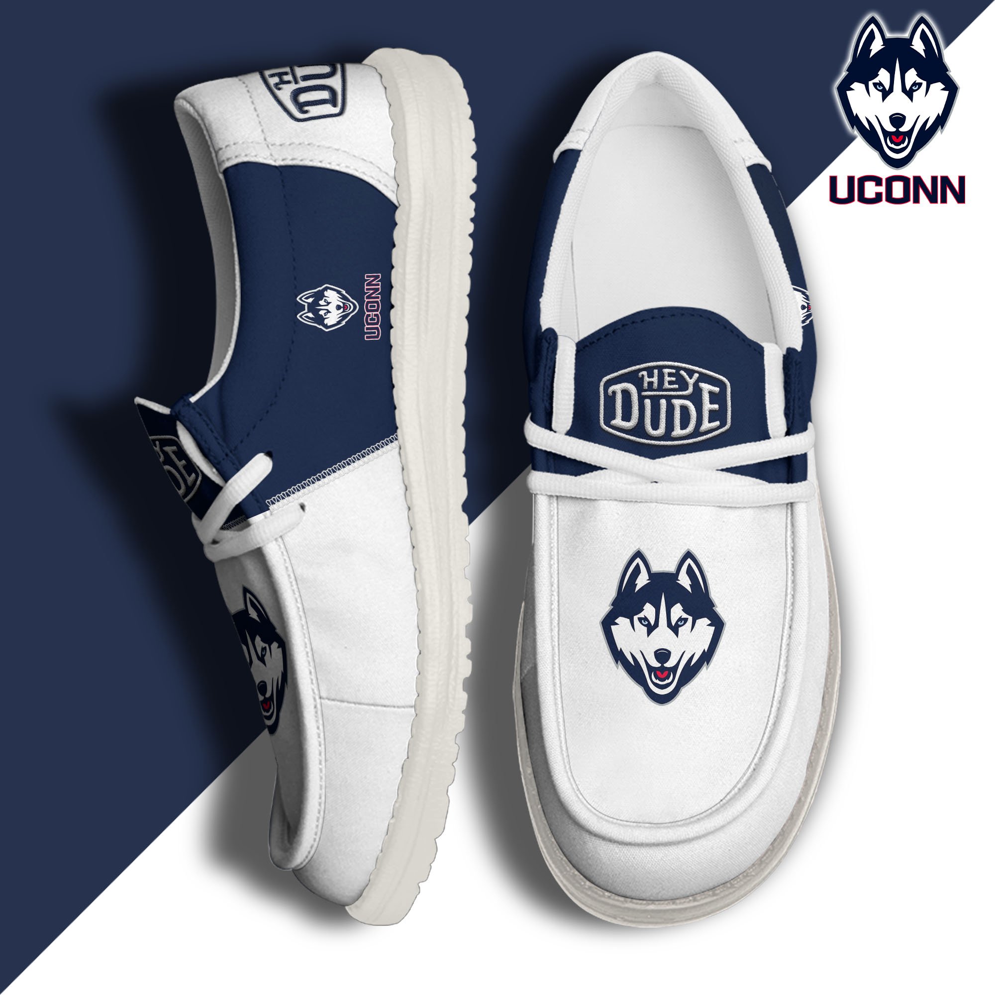 UConn Huskies White Hey Dude Canvas Loafer Shoes Custom Name, Shoes For Football Lovers, Sport Gifts ETRG-61620