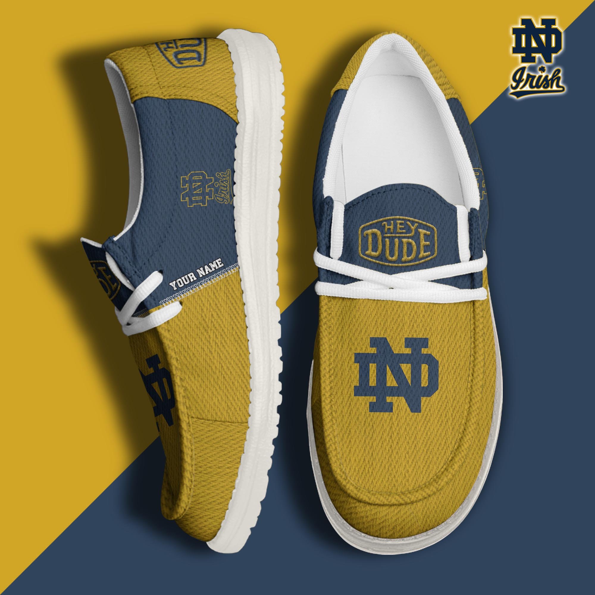 Notre Dame Fighting Irish Hey Dude Canvas Loafer Shoes Custom Your Name, Football Shoes For Fans, Sport Gifts ETRG-61840