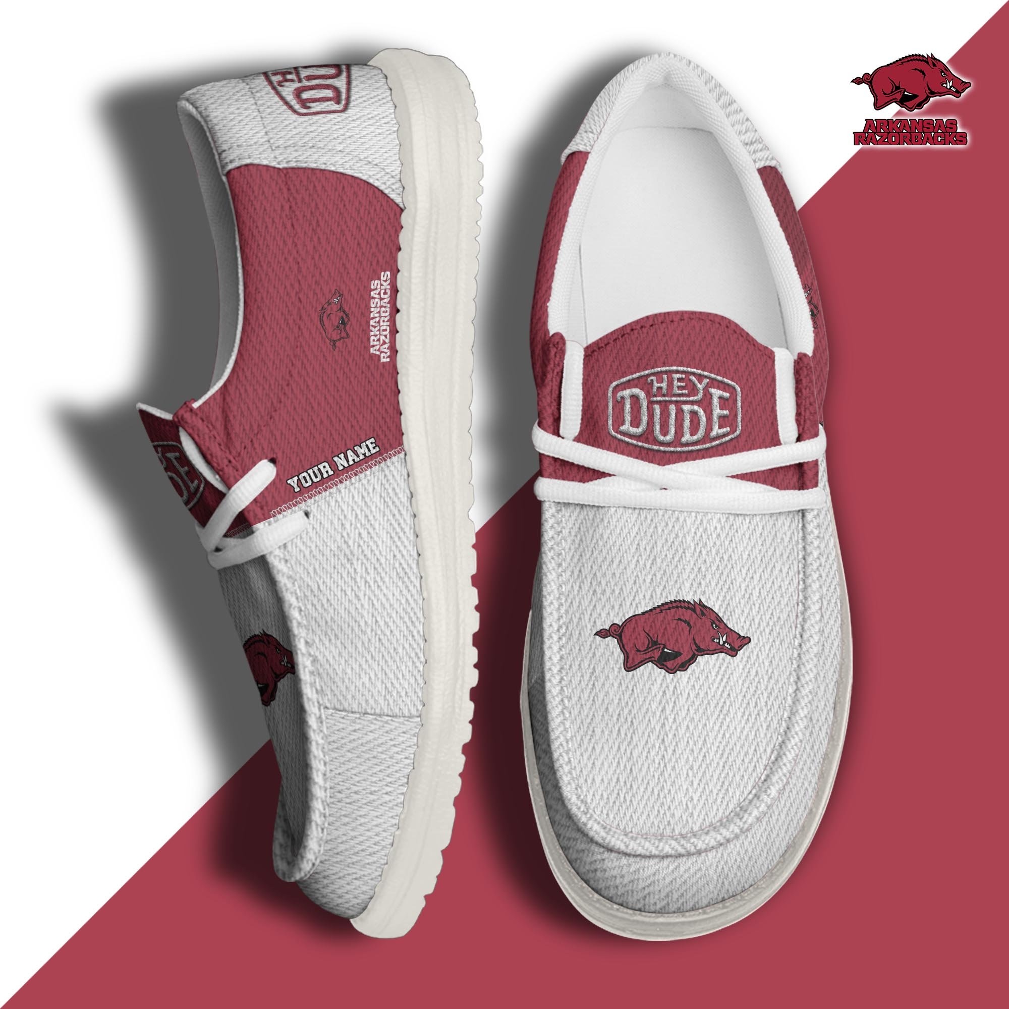 Arkansas Razorbacks Hey Dude Canvas Loafer Shoes 2024 Version Custom Your Name, Football Shoes For Fans, Sport Gifts ETRG-61840