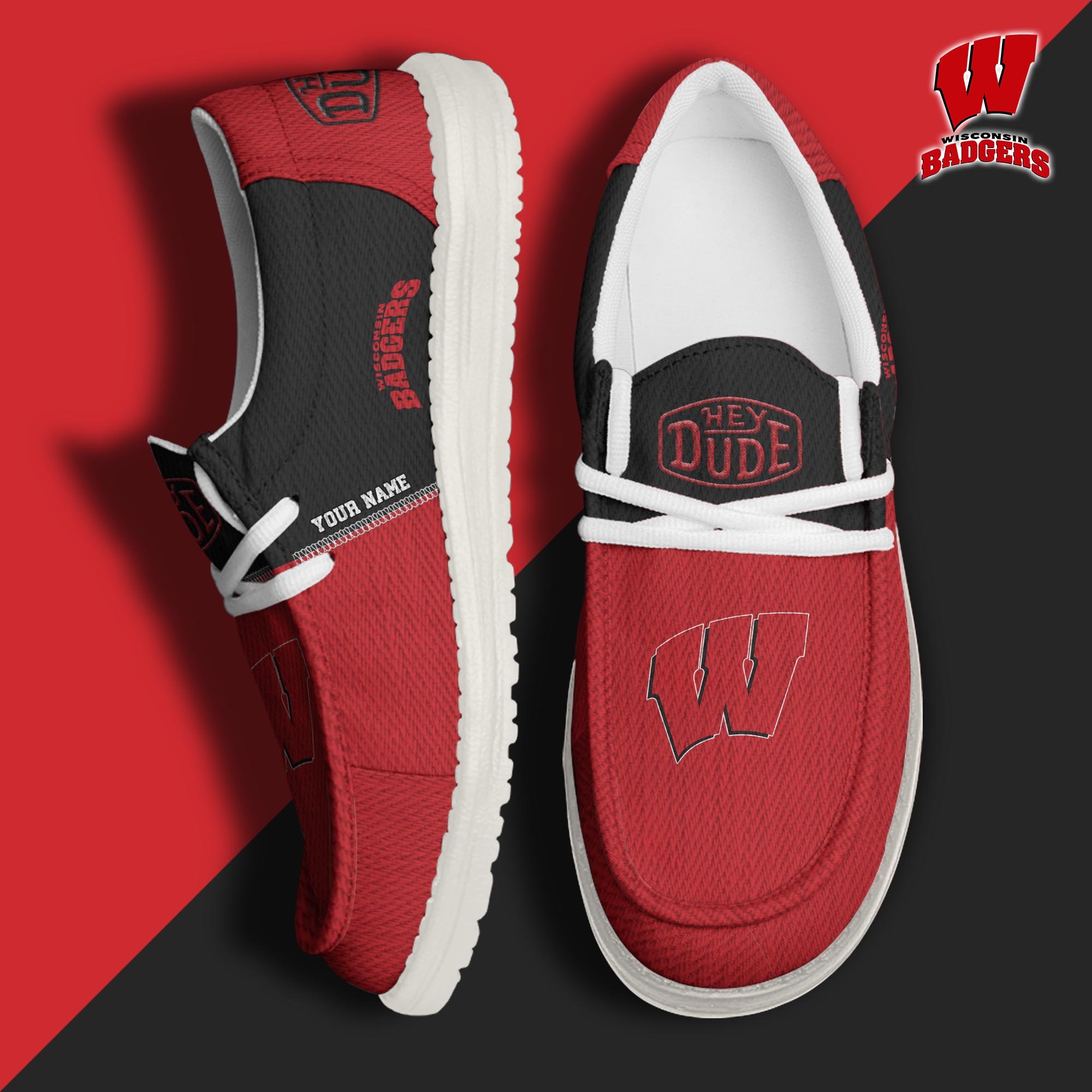 Wisconsin Badgers Hey Dude Canvas Loafer Shoes 2024 Version Custom Your Name, Sport Team Shoes, Sport Shoes For Lovers ETRG-61841