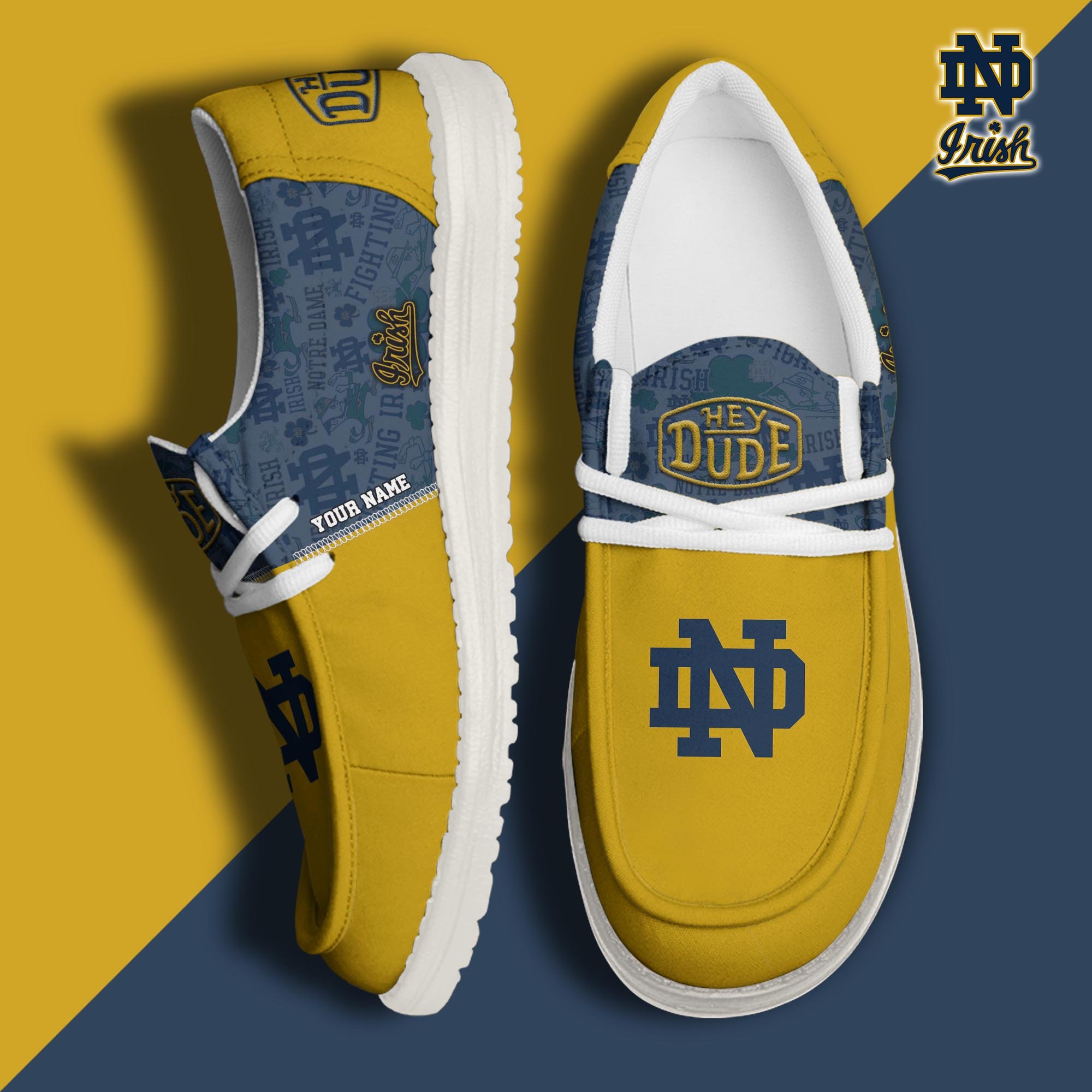 Notre Dame Fighting Irish Hey Dude Canvas Loafer Shoes Custom Your Name, Sport Shoes For Fans, Sport Gifts ETRG-61845