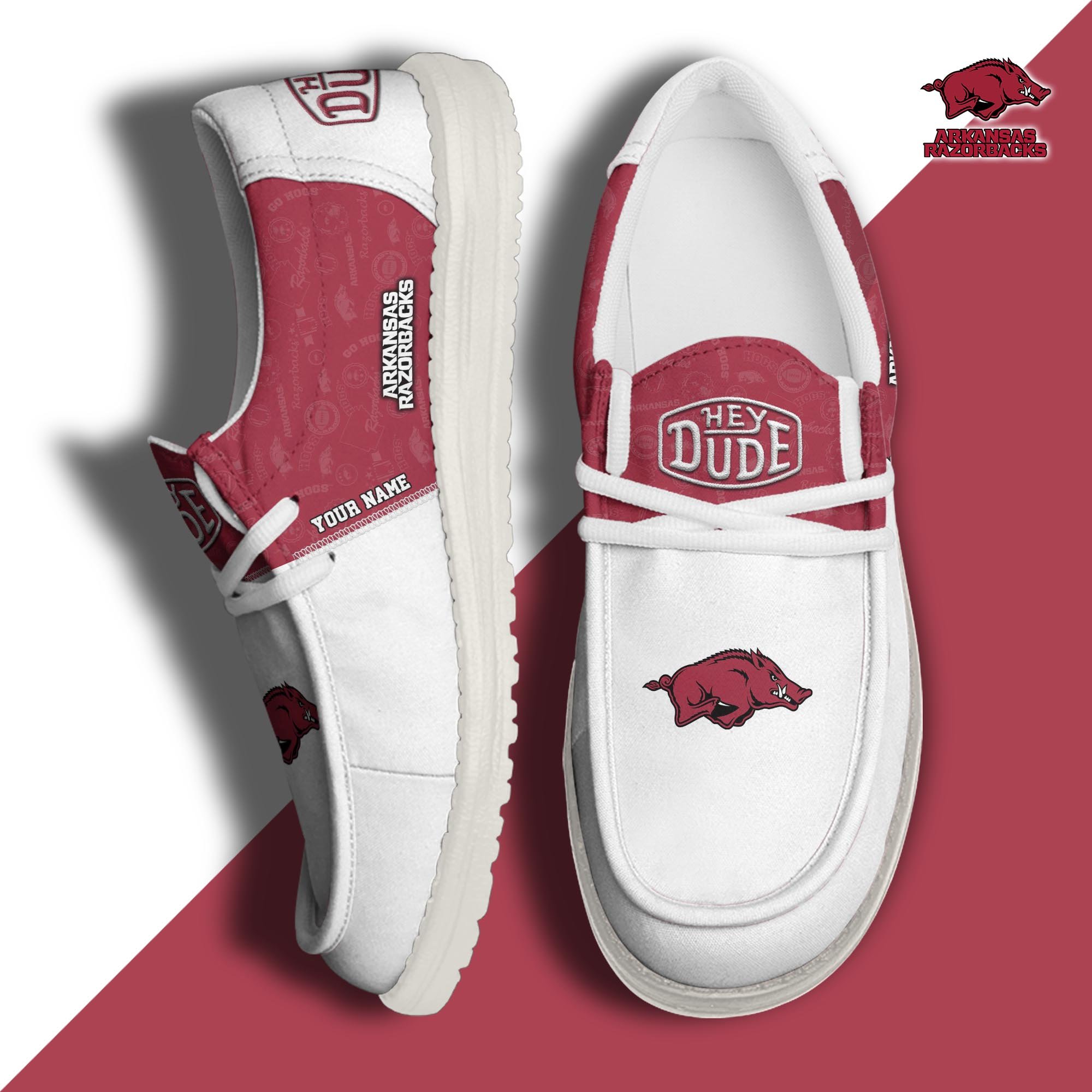 Arkansas Razorbacks Hey Dude Canvas Loafer Shoes 2024 Version Custom Your Name, Sport Shoes For Fans, Sport Gifts ETRG-61845