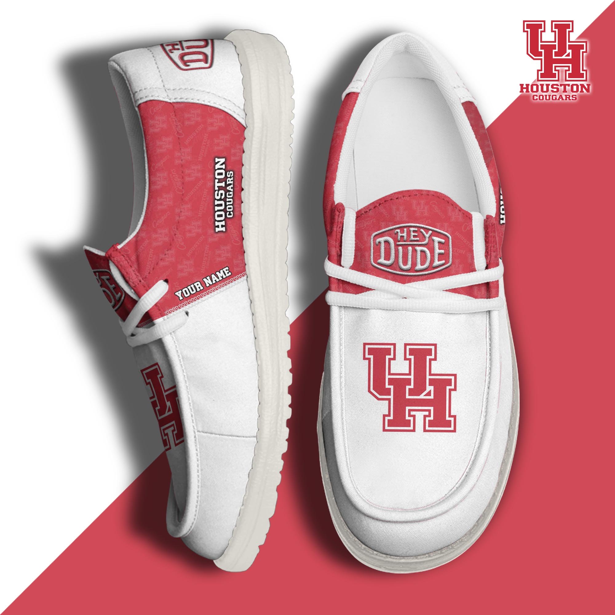 Houston Cougars Hey Dude Canvas Loafer Shoes 2024 Version Custom Your Name, Sport Shoes For Fans, Sport Gifts ETRG-61845