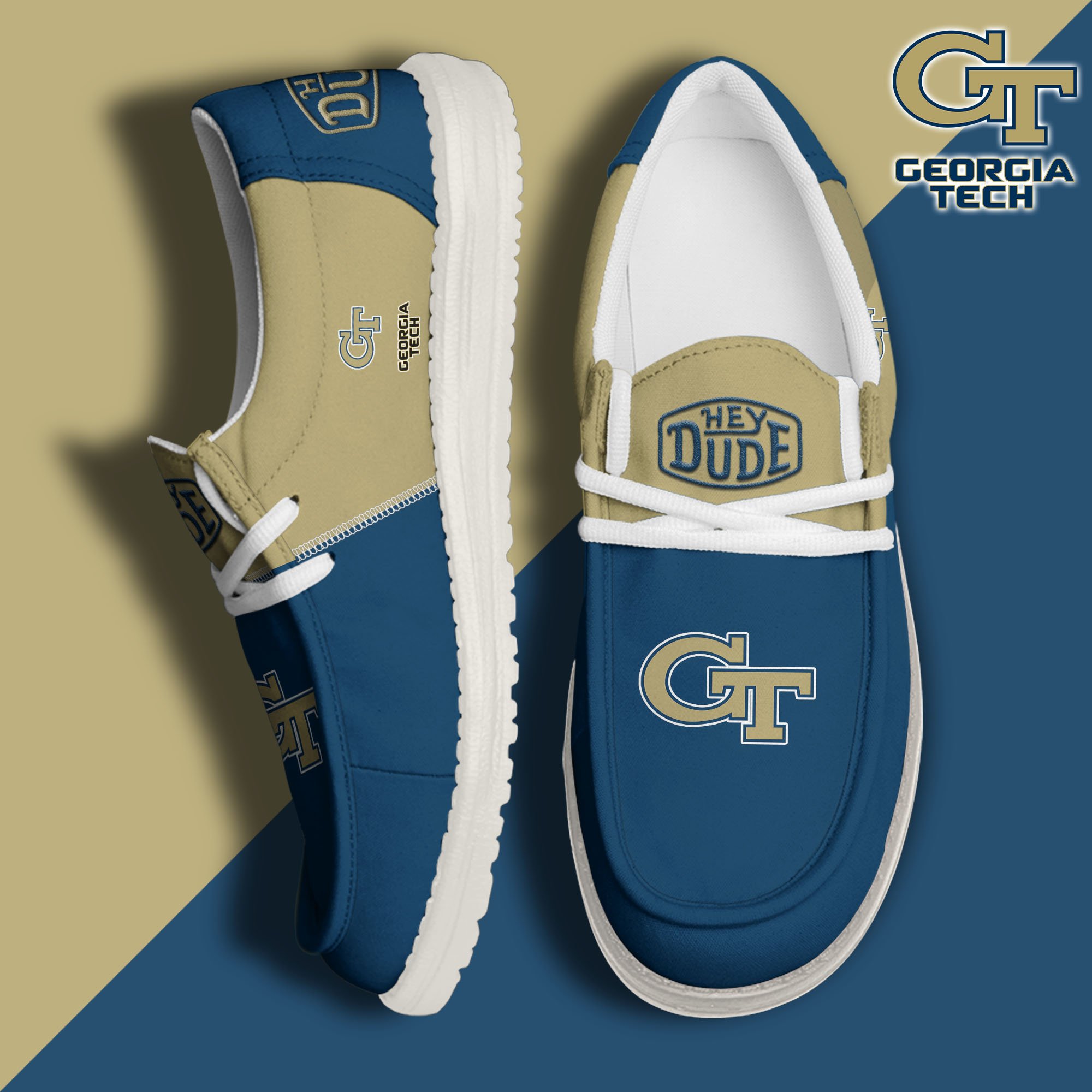 Georgia Tech Yellow Jackets White Hey Dude Canvas Loafer Shoes 2024 Version Custom Name, Shoes For Football Lovers, Sport Gifts ETRG-61620