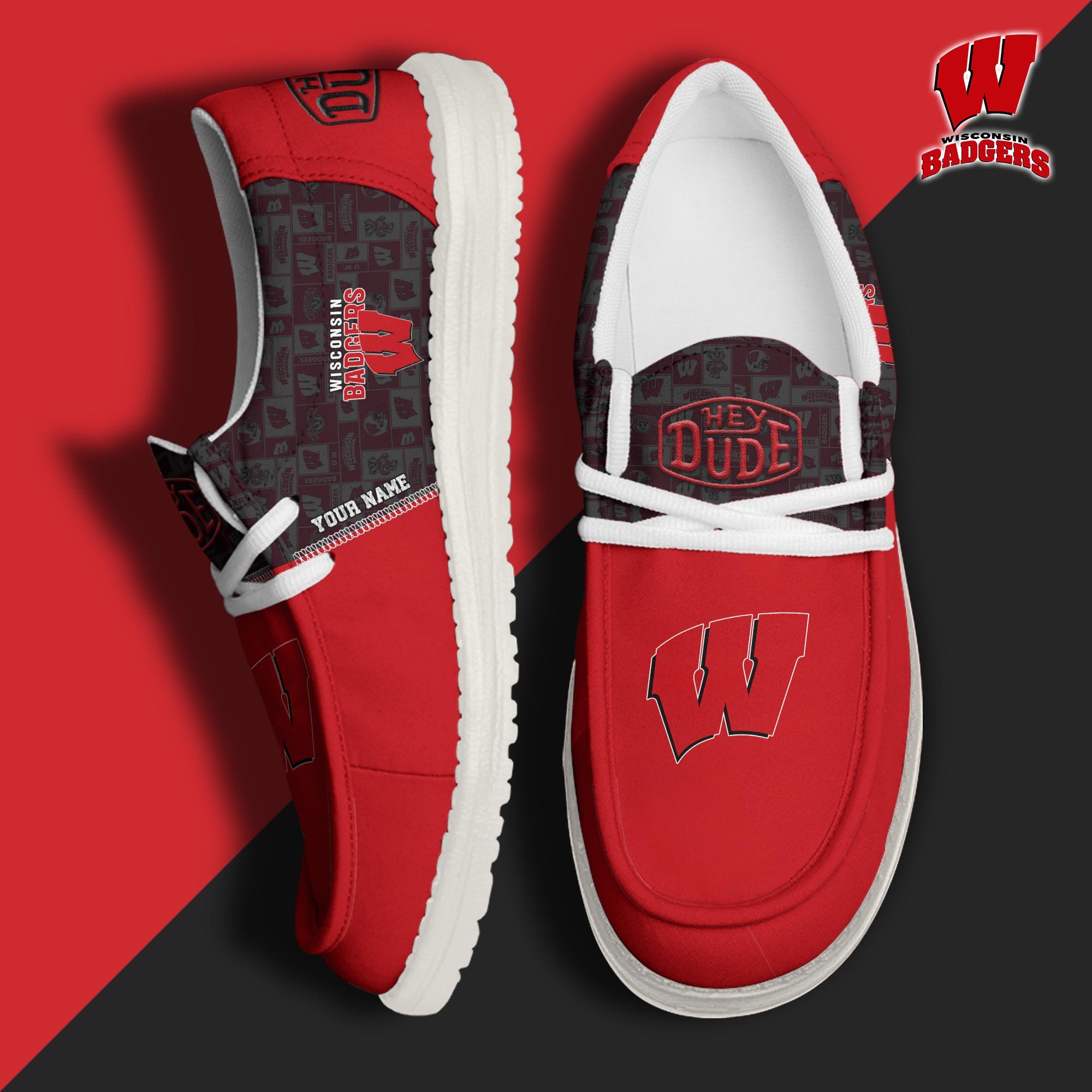 Wisconsin Badgers Hey Dude Canvas Loafer Shoes 2024 Version Custom Your Name, Football Team Shoes, Sport Gifts For Lovers ETRG-61844