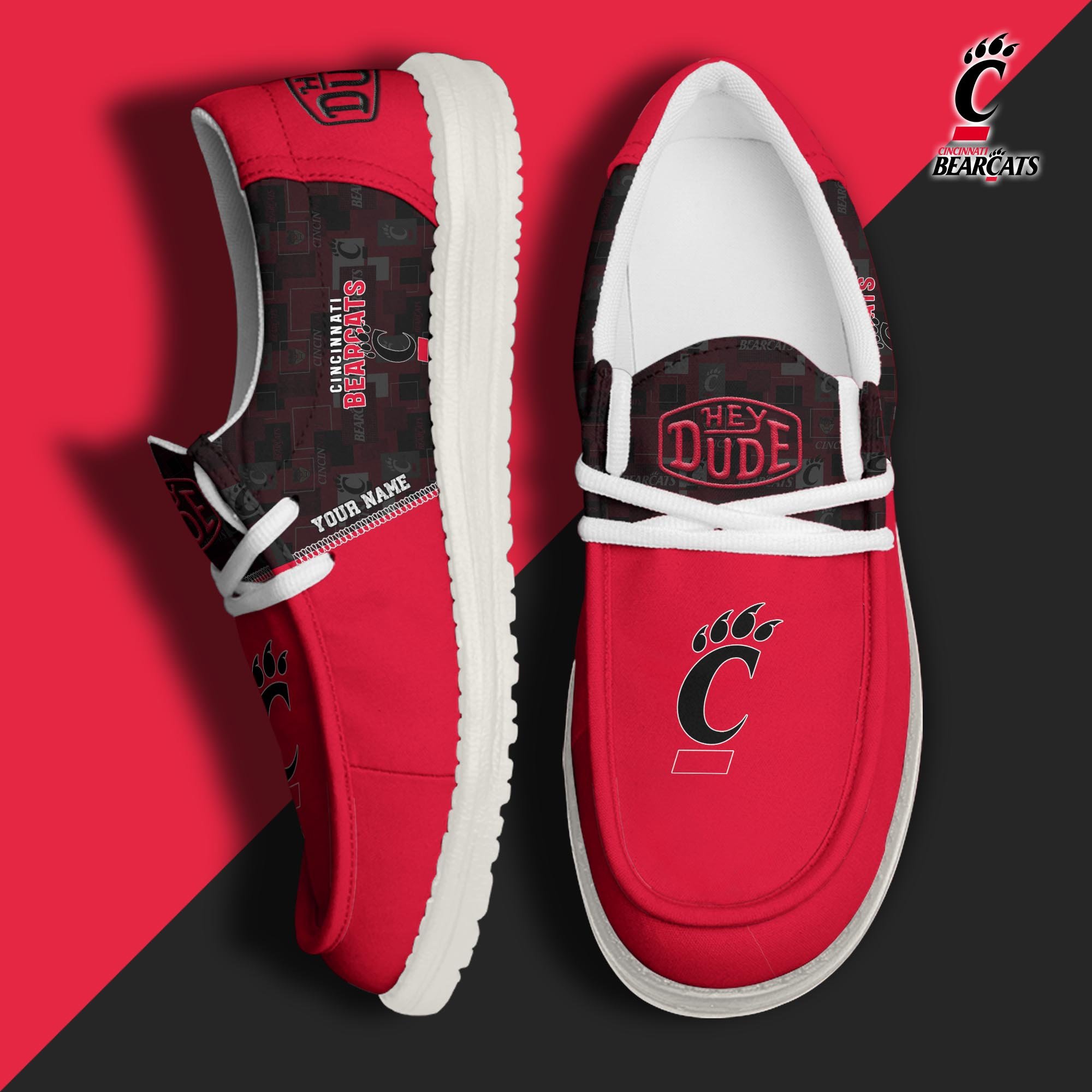 Cincinnati Bearcats Hey Dude Canvas Loafer Shoes 2024 Version Custom Your Name, Football Team Shoes, Sport Gifts For Lovers ETRG-61844