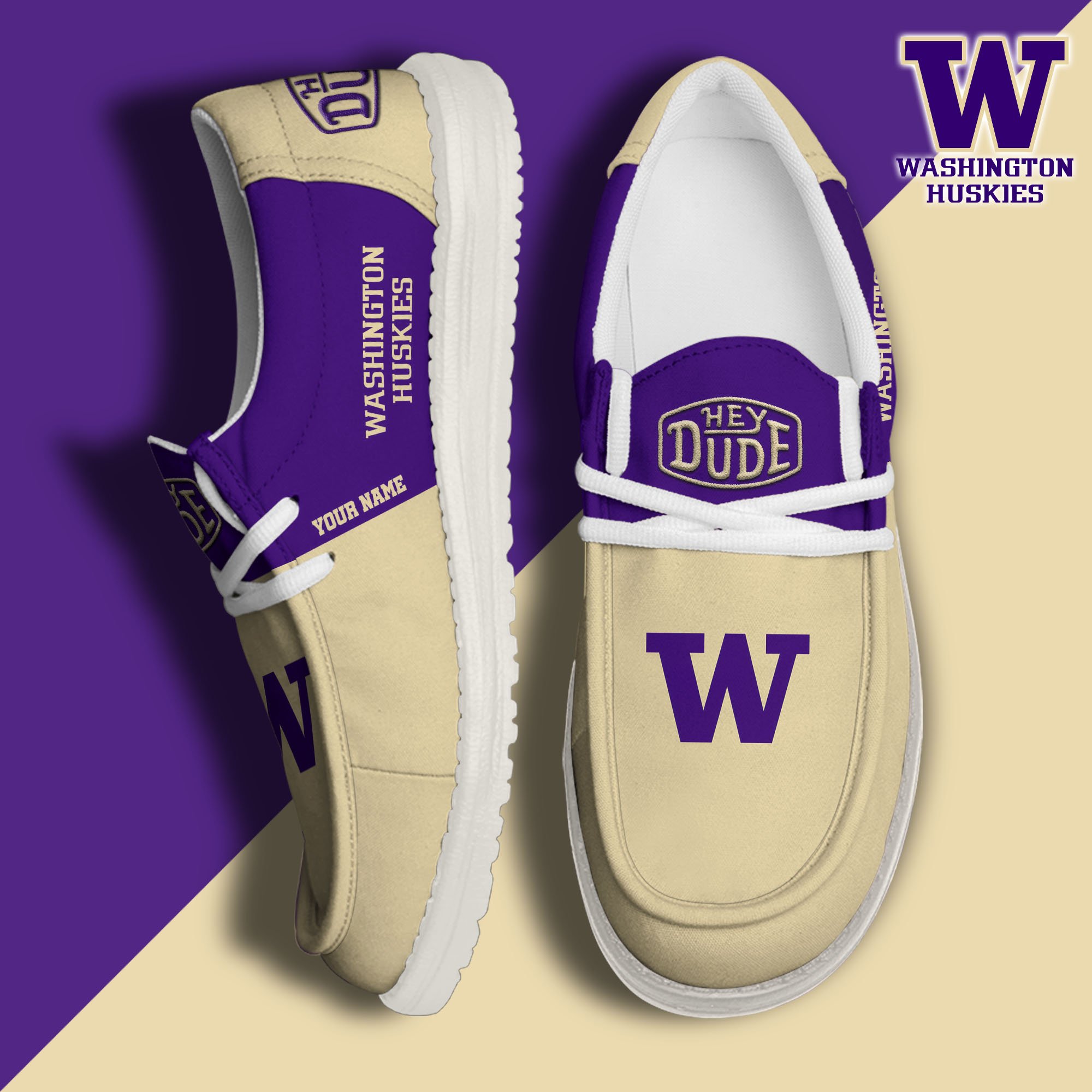 Washington Huskies Sport Hey Dude Canvas Loafer Shoes 2024 Version Custom Your Name, Sport Team Shoes, Sport Gifts ETRG-61849