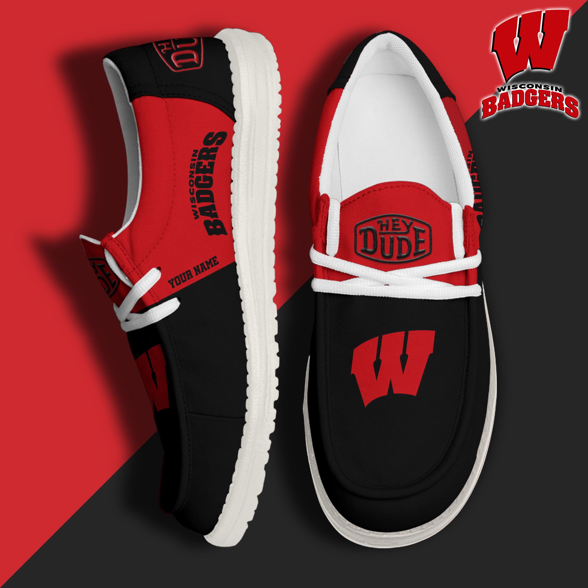 Wisconsin Badgers Sport Hey Dude Canvas Loafer Shoes 2024 Version Custom Your Name, Sport Team Shoes, Sport Gifts ETRG-61849