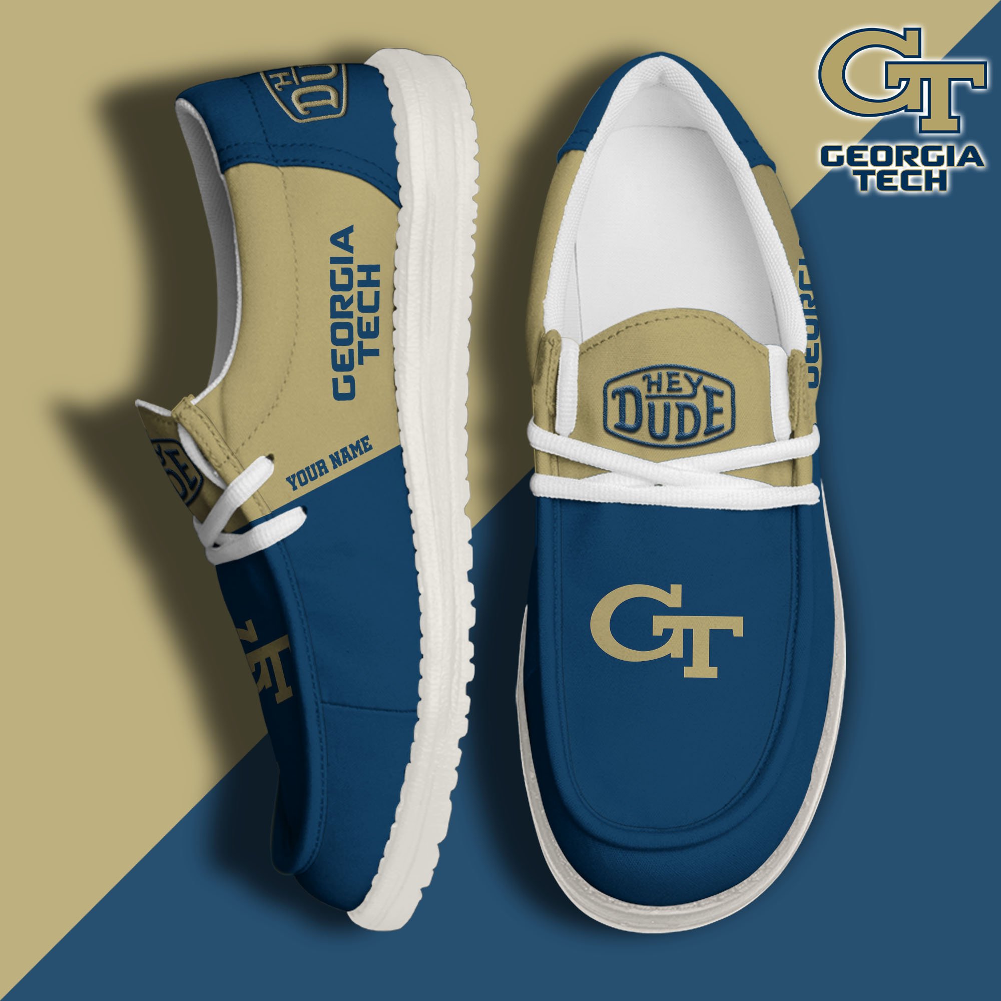 Georgia Tech Yellow Jackets Sport Hey Dude Canvas Loafer Shoes 2024 Version Custom Your Name, Sport Team Shoes, Sport Gifts ETRG-61849