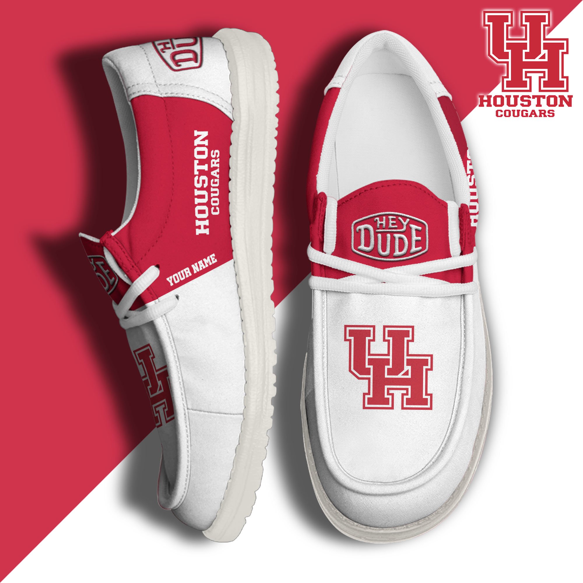 Houston Cougars Sport Hey Dude Canvas Loafer Shoes 2024 Version Custom Your Name, Sport Team Shoes, Sport Gifts ETRG-61849