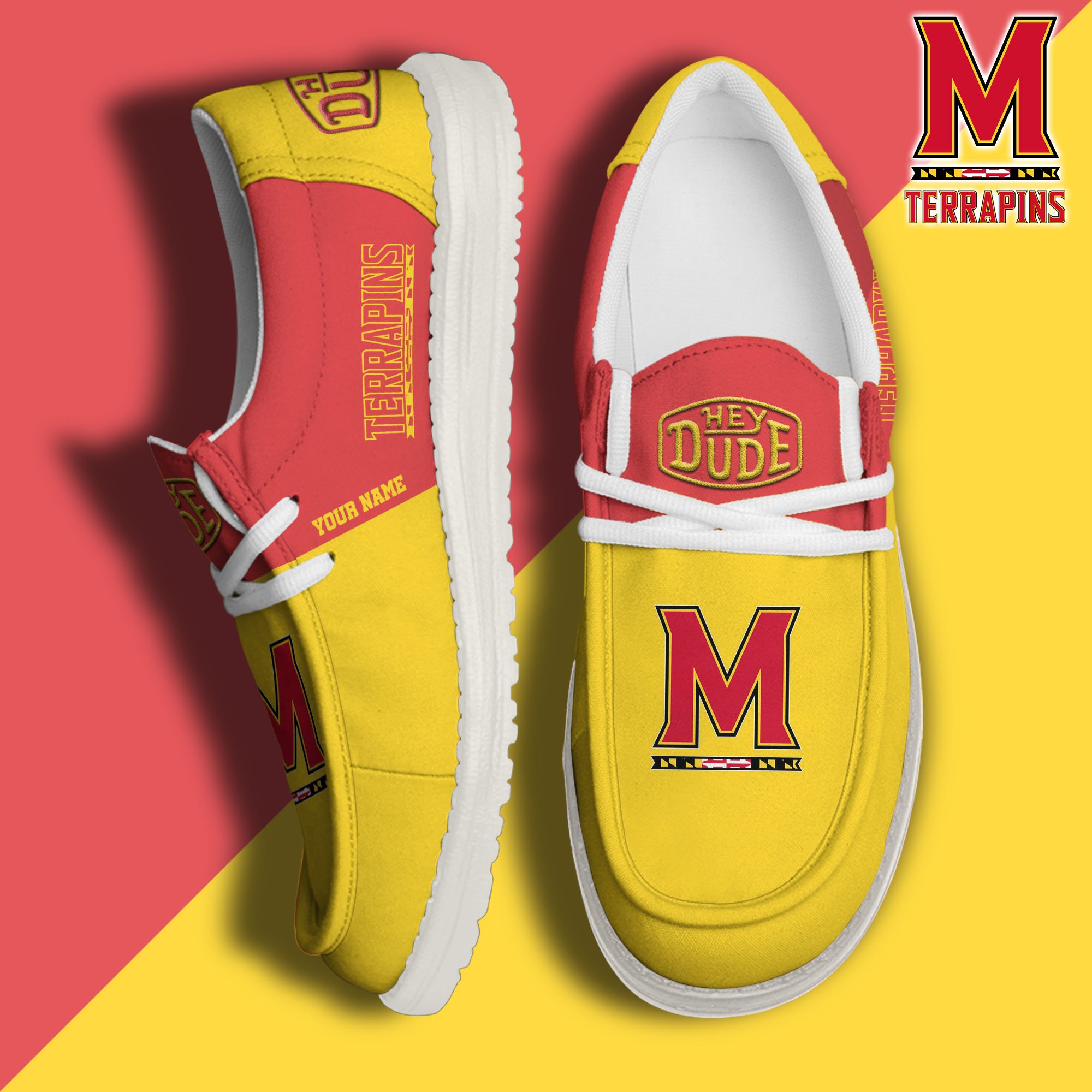 Maryland Terrapins Sport Hey Dude Canvas Loafer Shoes 2024 Version Custom Your Name, Sport Team Shoes, Sport Gifts ETRG-61849