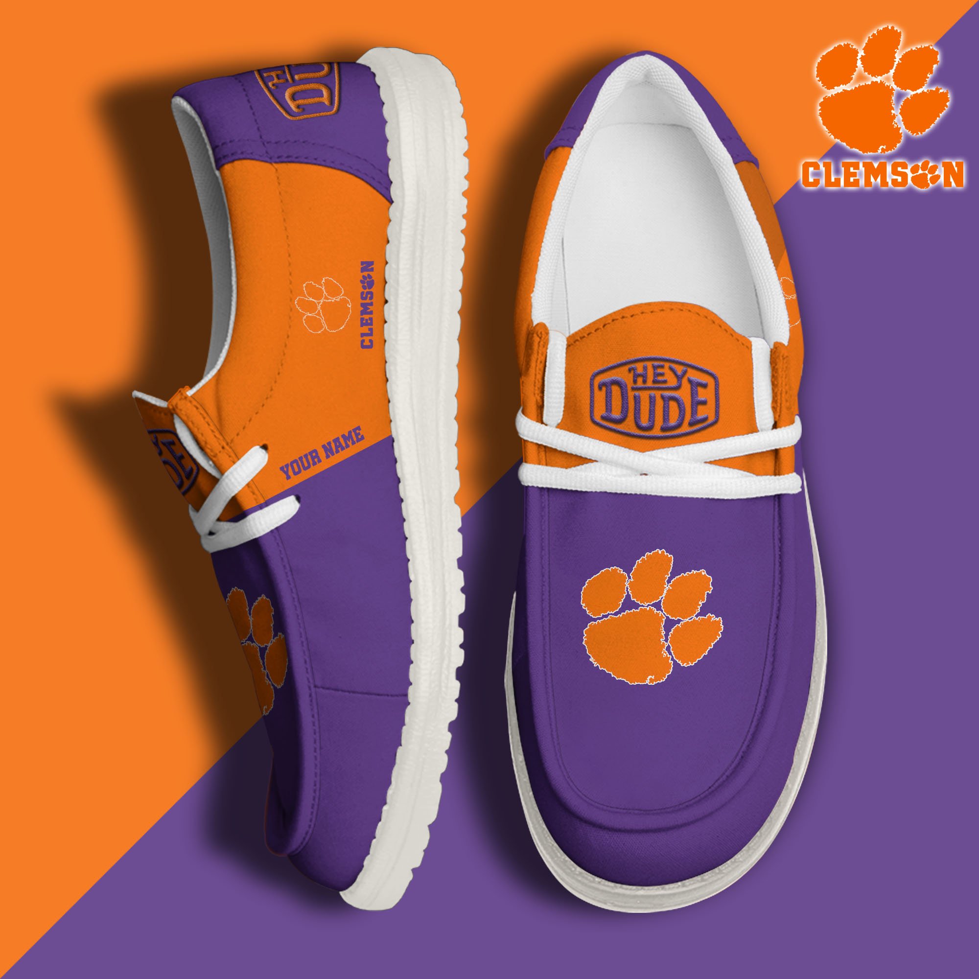 Clemson Tigers Hey Dude Canvas Loafer Shoes 2024 Version Custom Your Name, Sport Shoes For Football Fans, Sport Gifts ETRG-61842